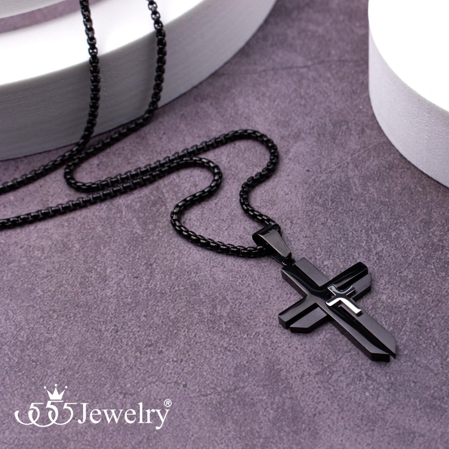 image:image555Jewelry Grooved Unisex Stainless Steel Dual Cross Necklace Pendant 1628 Box ChainBlack