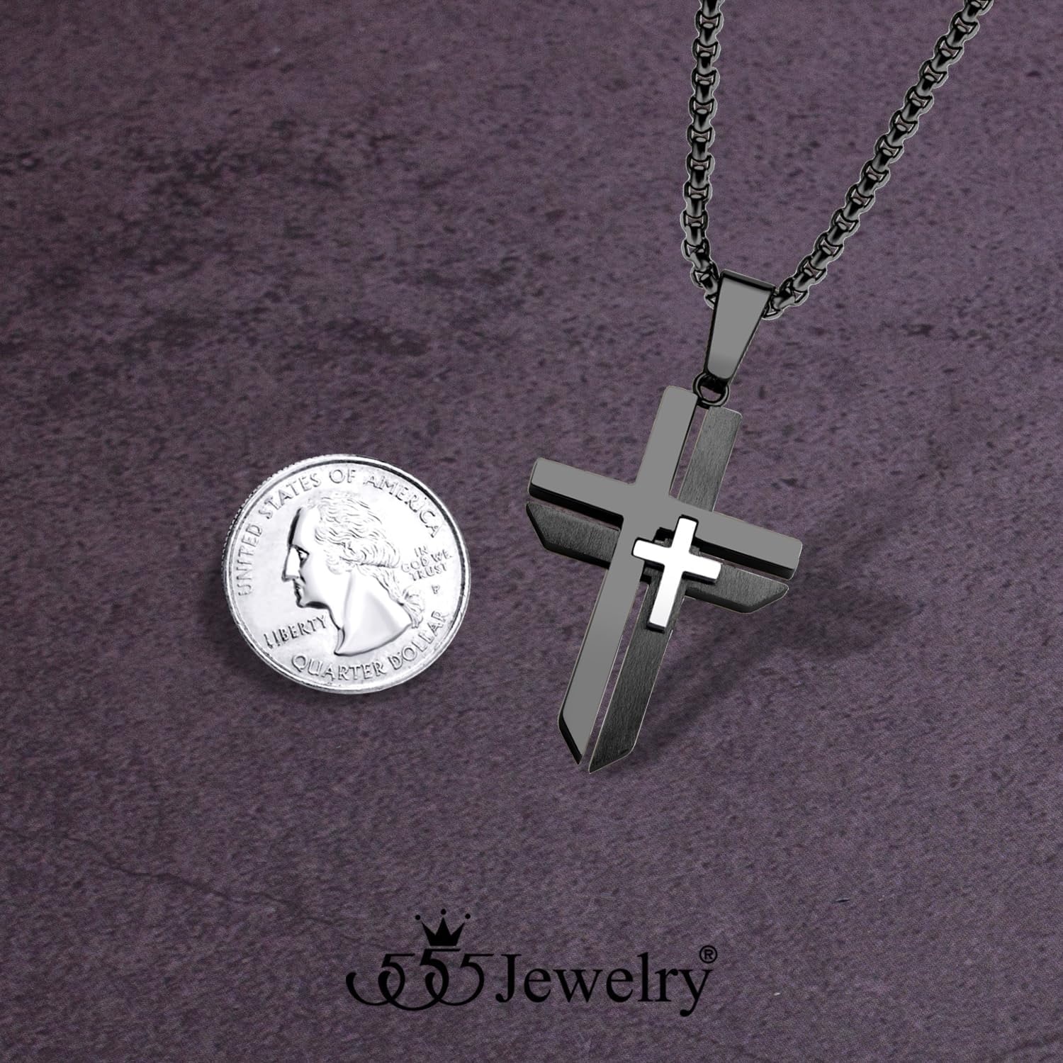 image:image555Jewelry Grooved Unisex Stainless Steel Dual Cross Necklace Pendant 1628 Box ChainBlack