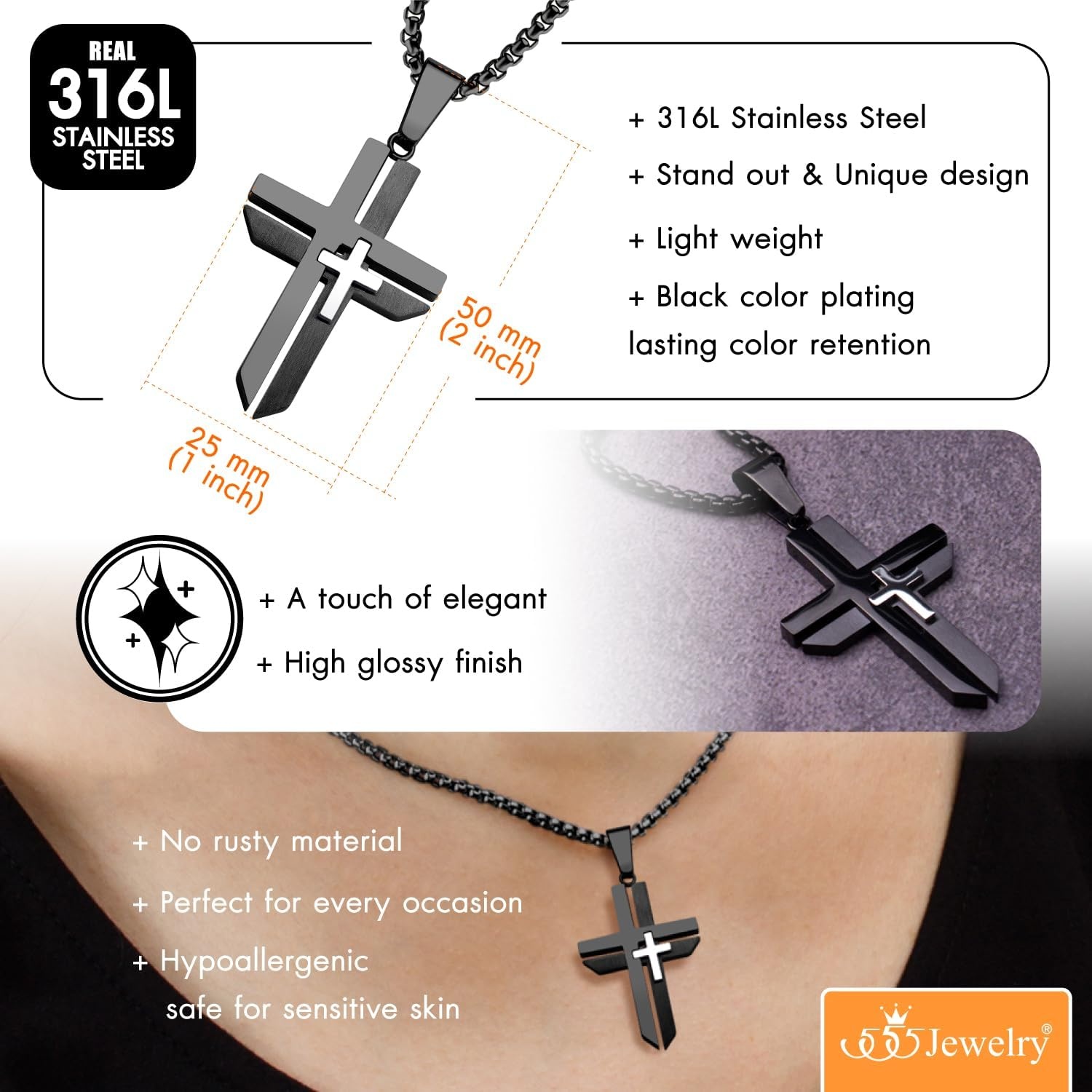 image:image555Jewelry Grooved Unisex Stainless Steel Dual Cross Necklace Pendant 1628 Box ChainBlack