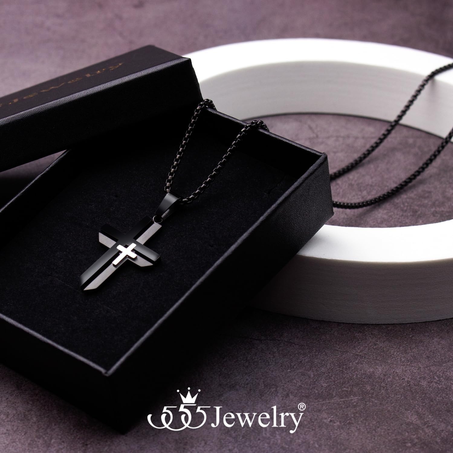 image:image555Jewelry Grooved Unisex Stainless Steel Dual Cross Necklace Pendant 1628 Box ChainBlack