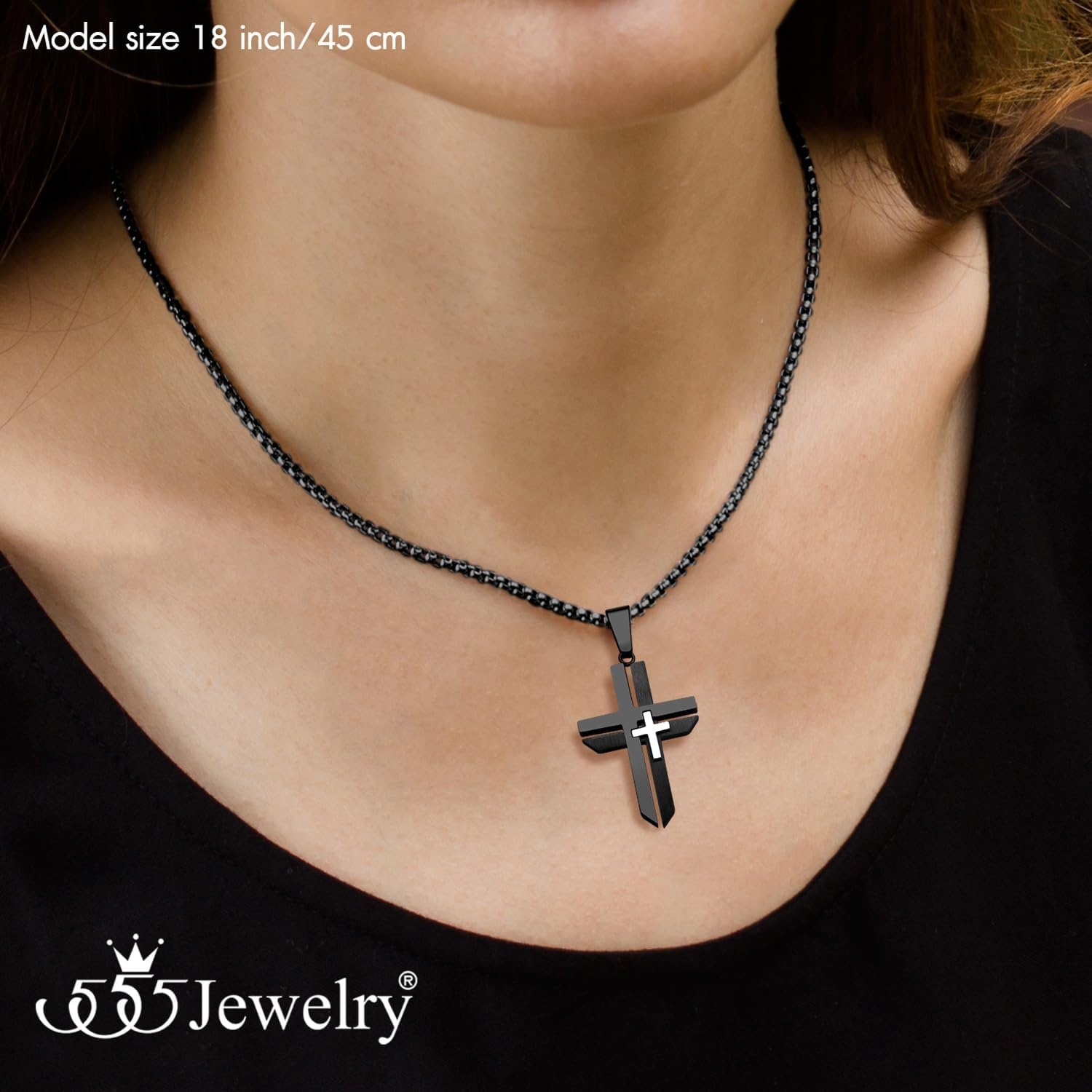 image:image555Jewelry Grooved Unisex Stainless Steel Dual Cross Necklace Pendant 1628 Box ChainBlack