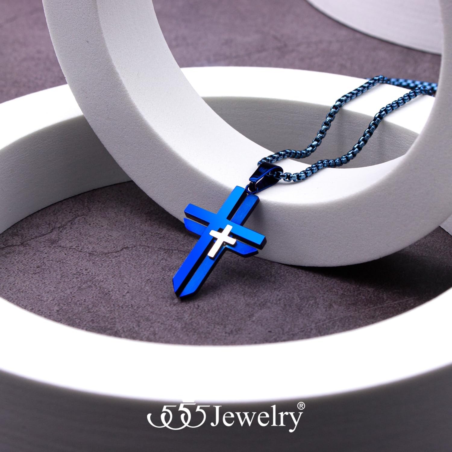 image:image555Jewelry Grooved Unisex Stainless Steel Dual Cross Necklace Pendant 1628 Box ChainBlue