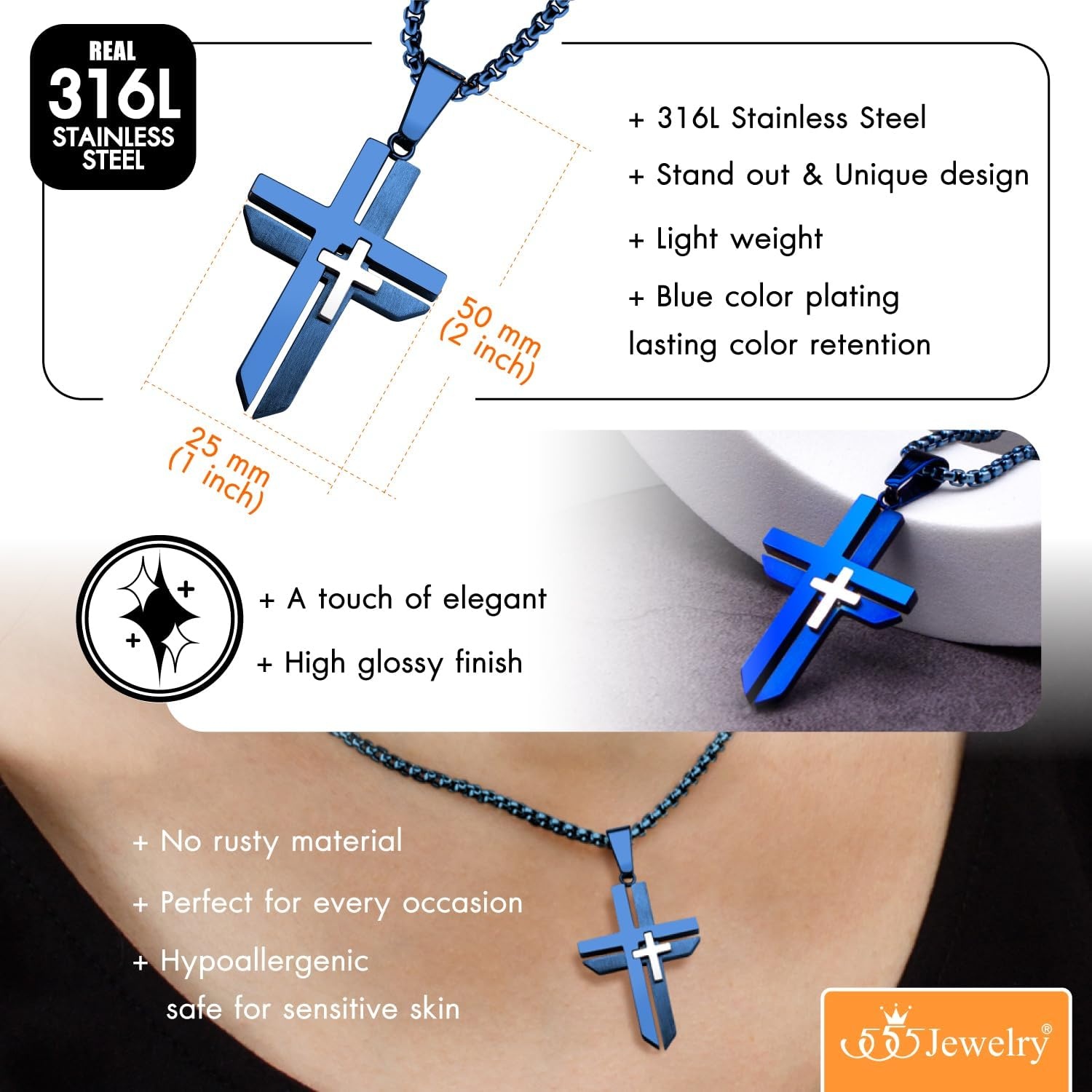 image:image555Jewelry Grooved Unisex Stainless Steel Dual Cross Necklace Pendant 1628 Box ChainBlue
