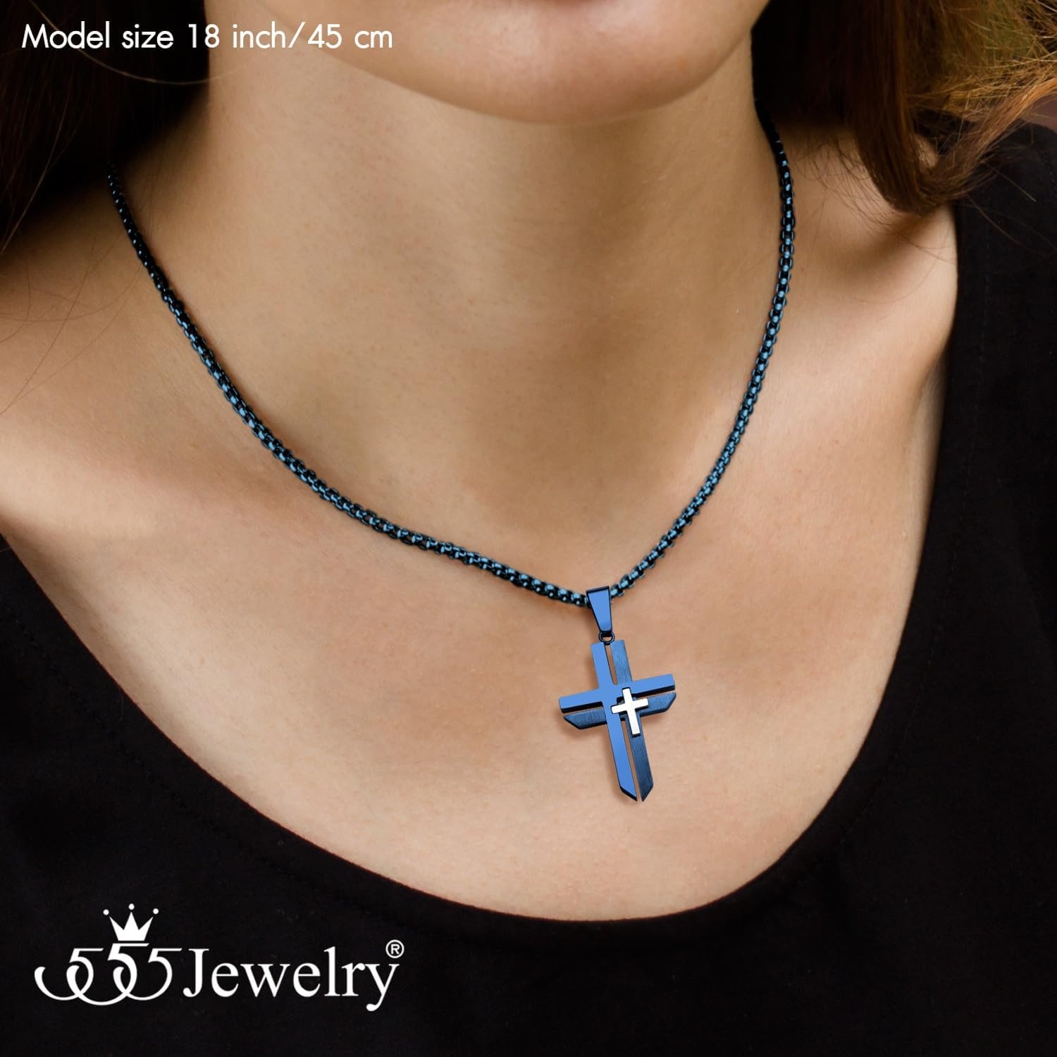 image:image555Jewelry Grooved Unisex Stainless Steel Dual Cross Necklace Pendant 1628 Box ChainBlue