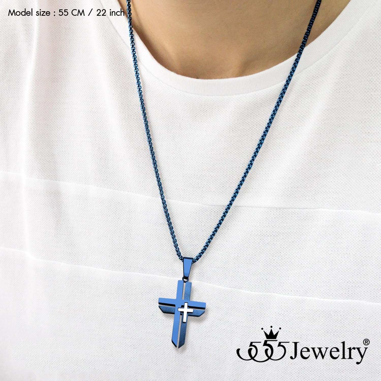 image:image555Jewelry Grooved Unisex Stainless Steel Dual Cross Necklace Pendant 1628 Box ChainBlue