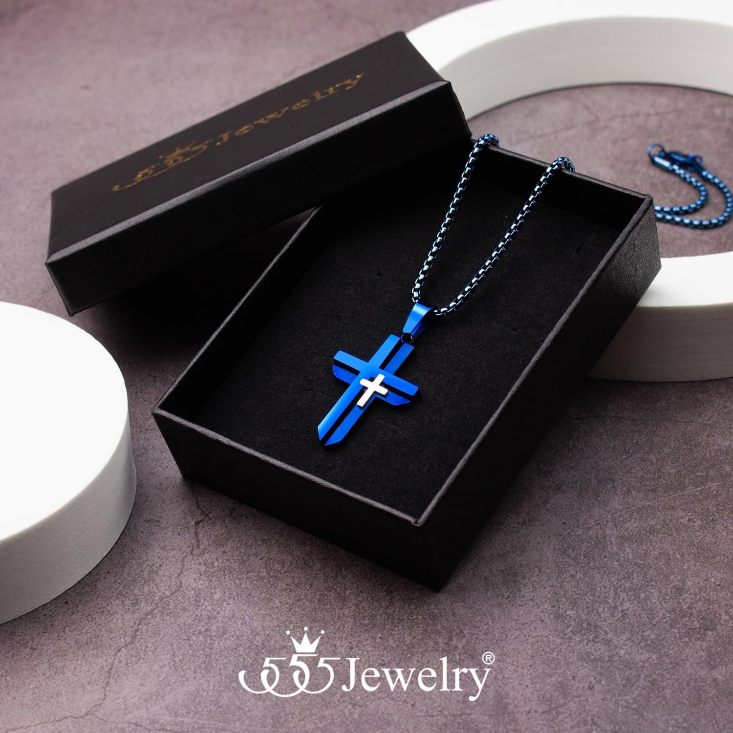 image:image555Jewelry Grooved Unisex Stainless Steel Dual Cross Necklace Pendant 1628 Box ChainBlue