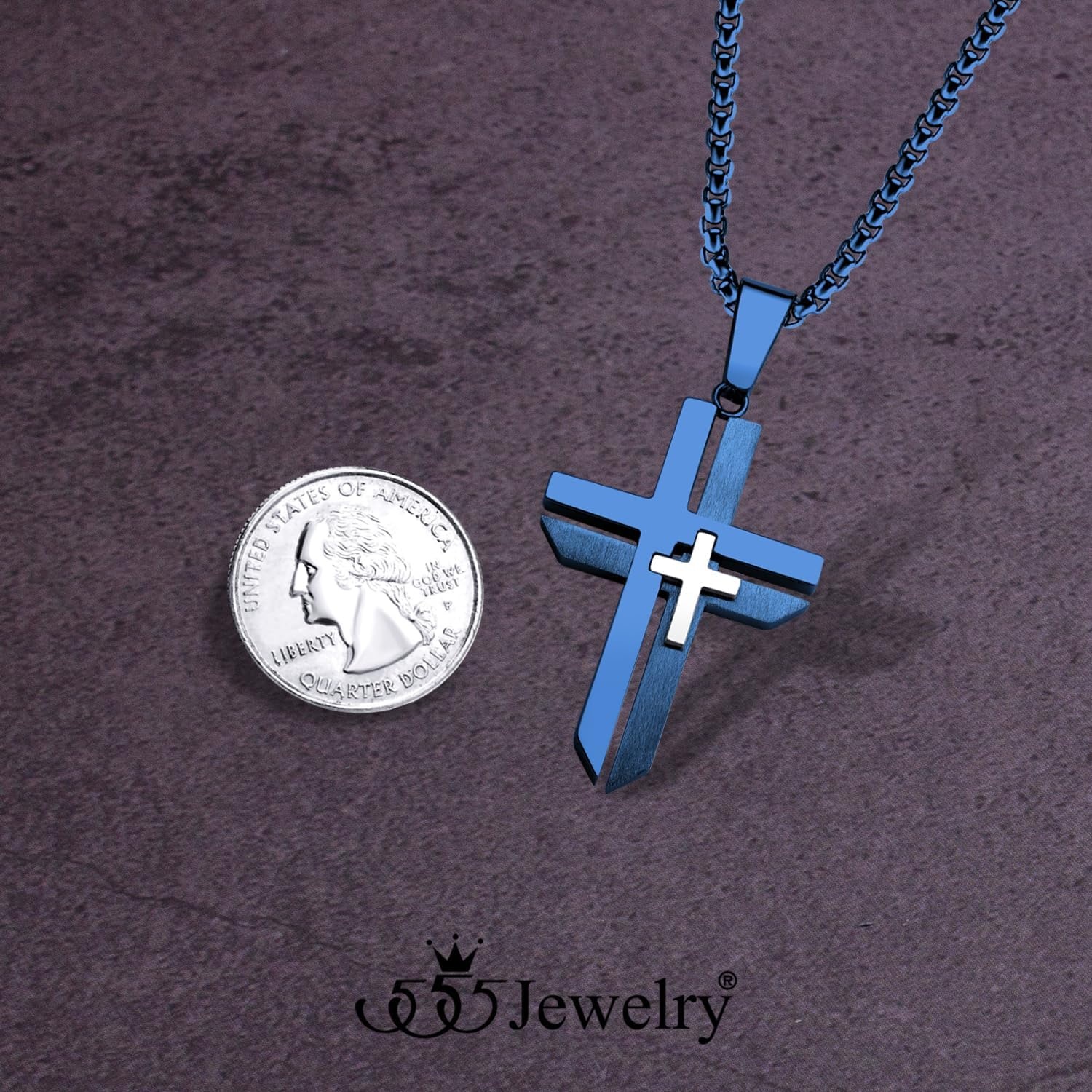 image:image555Jewelry Grooved Unisex Stainless Steel Dual Cross Necklace Pendant 1628 Box ChainBlue