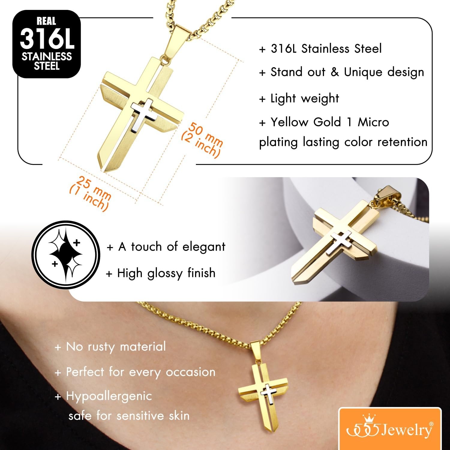 image:image555Jewelry Grooved Unisex Stainless Steel Dual Cross Necklace Pendant 1628 Box ChainGold