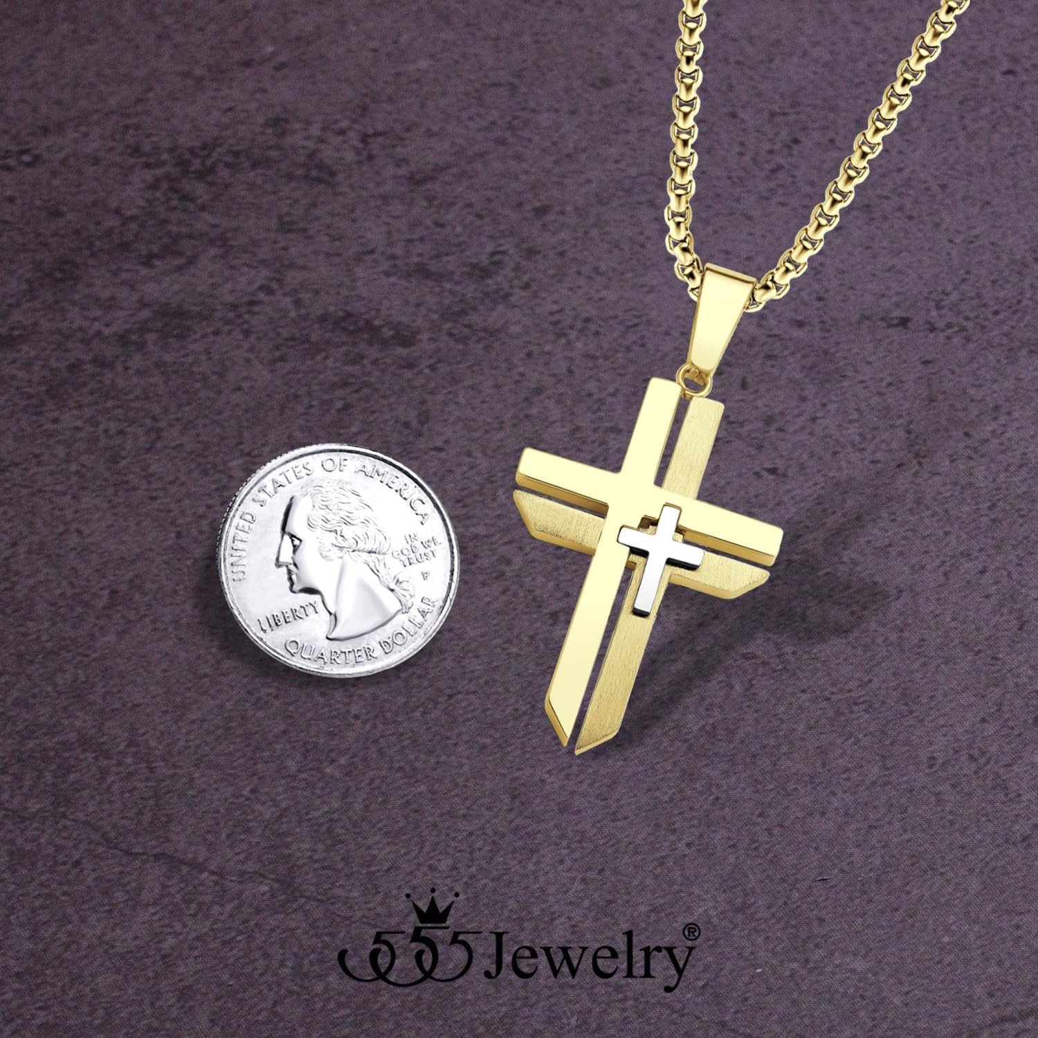 image:image555Jewelry Grooved Unisex Stainless Steel Dual Cross Necklace Pendant 1628 Box ChainGold