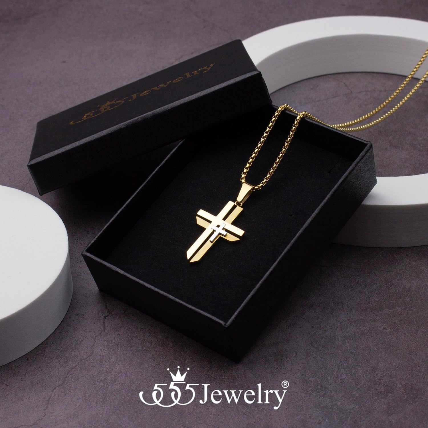 image:image555Jewelry Grooved Unisex Stainless Steel Dual Cross Necklace Pendant 1628 Box ChainGold