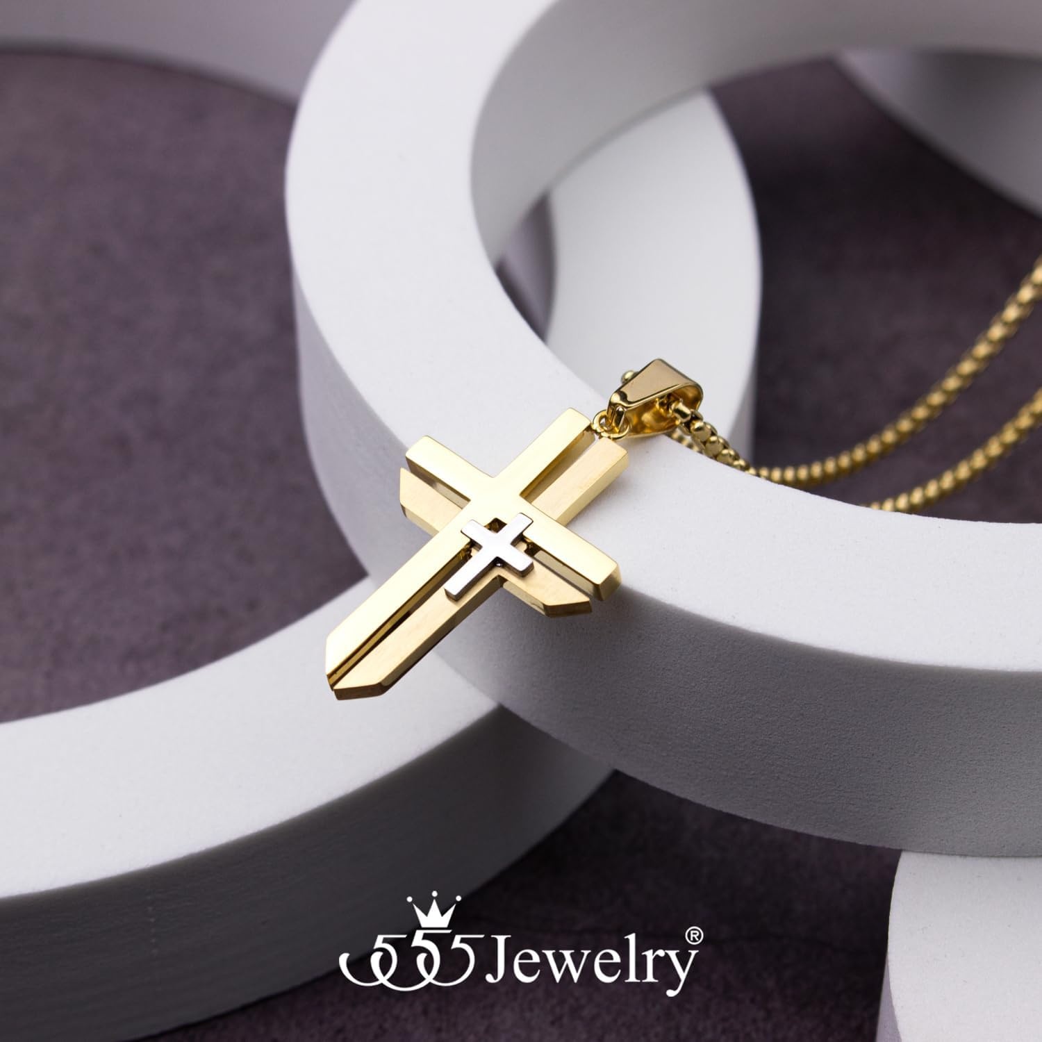 image:image555Jewelry Grooved Unisex Stainless Steel Dual Cross Necklace Pendant 1628 Box ChainGold