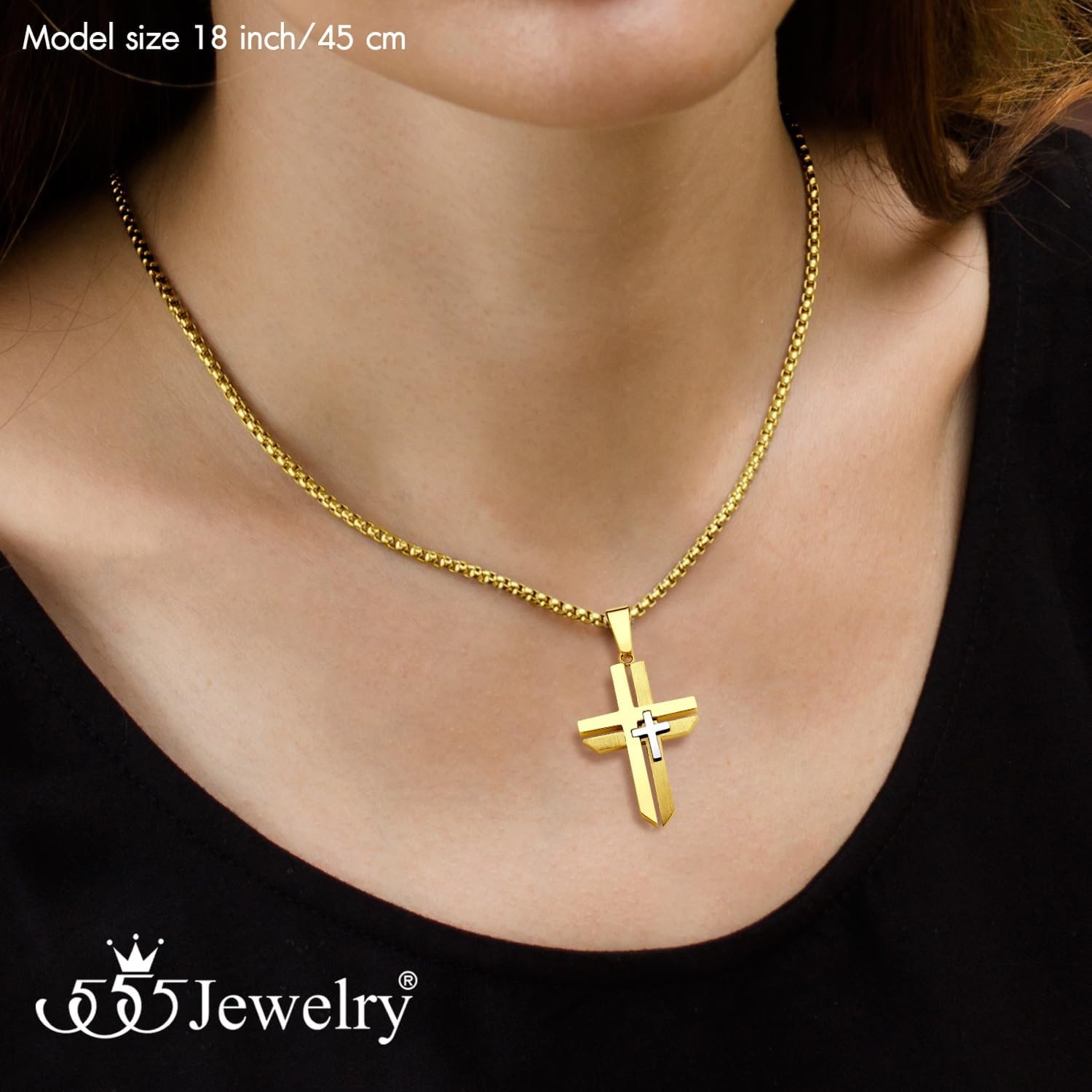 image:image555Jewelry Grooved Unisex Stainless Steel Dual Cross Necklace Pendant 1628 Box ChainGold