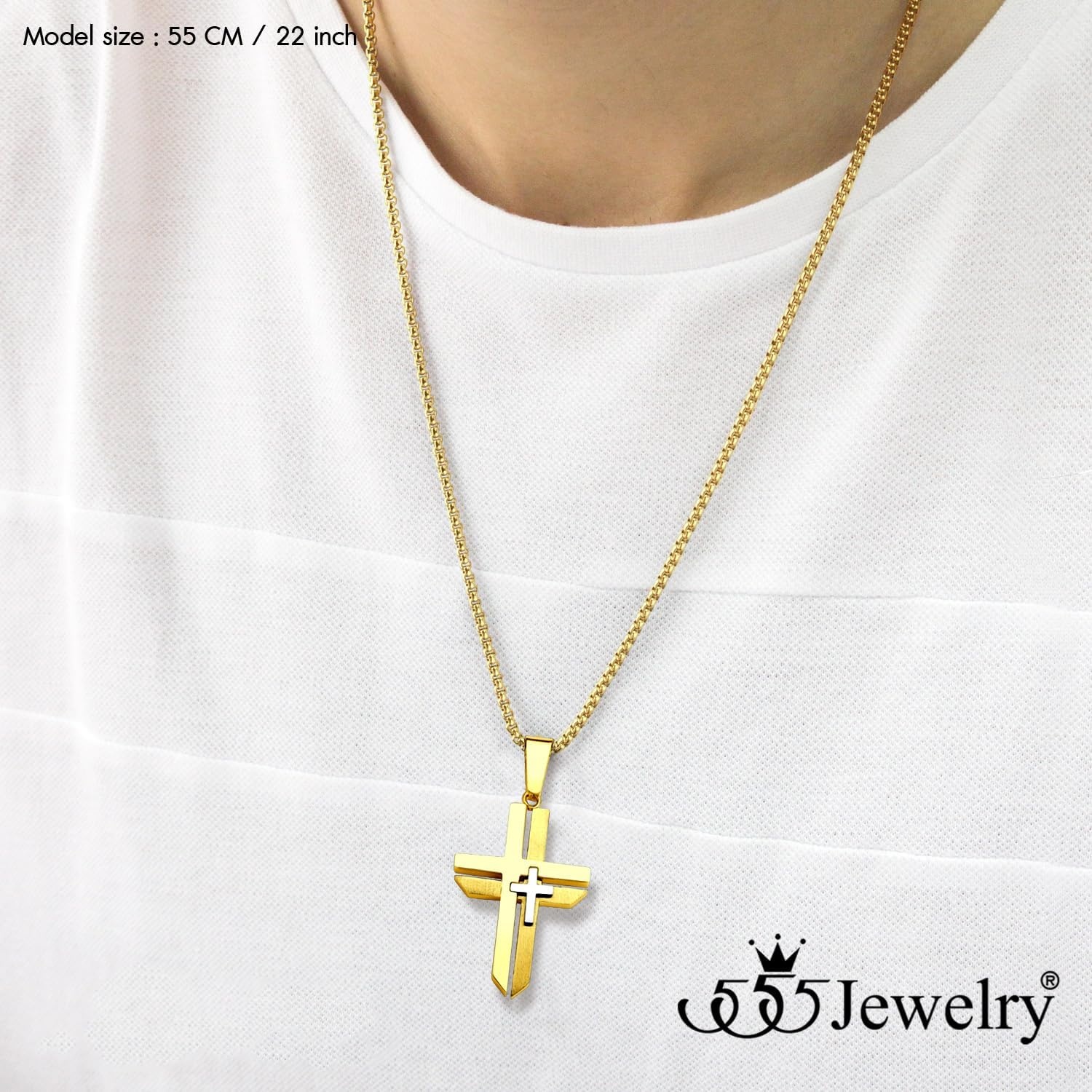 image:image555Jewelry Grooved Unisex Stainless Steel Dual Cross Necklace Pendant 1628 Box ChainGold