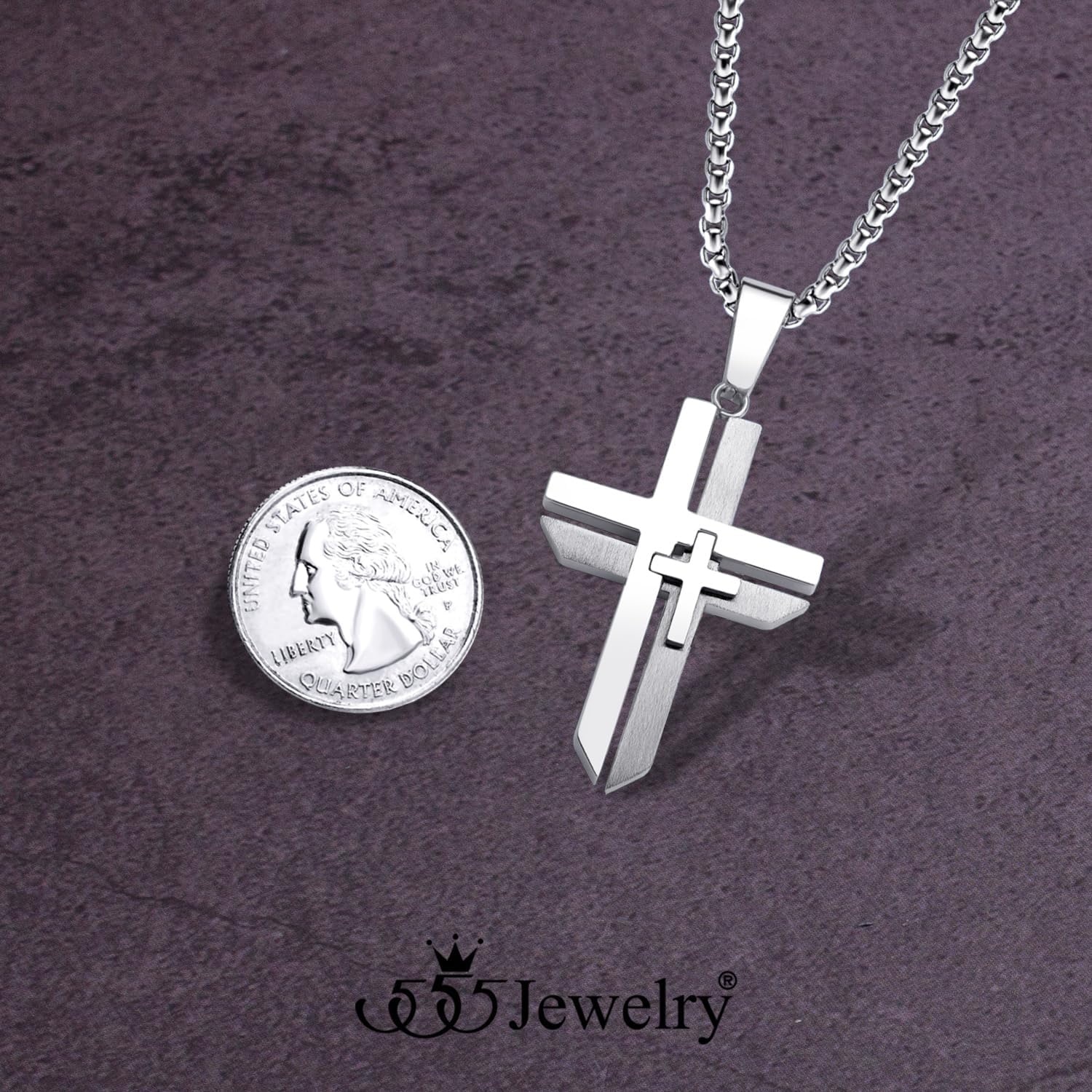image:image555Jewelry Grooved Unisex Stainless Steel Dual Cross Necklace Pendant 1628 Box ChainSilver