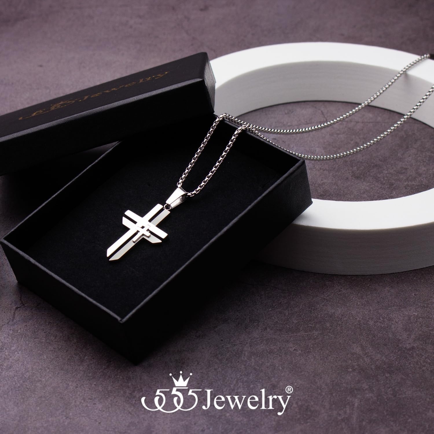 image:image555Jewelry Grooved Unisex Stainless Steel Dual Cross Necklace Pendant 1628 Box ChainSilver