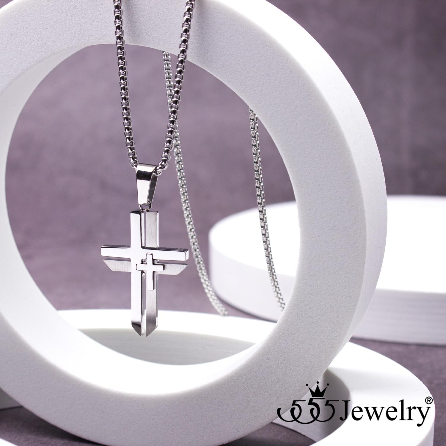 image:image555Jewelry Grooved Unisex Stainless Steel Dual Cross Necklace Pendant 1628 Box ChainSilver