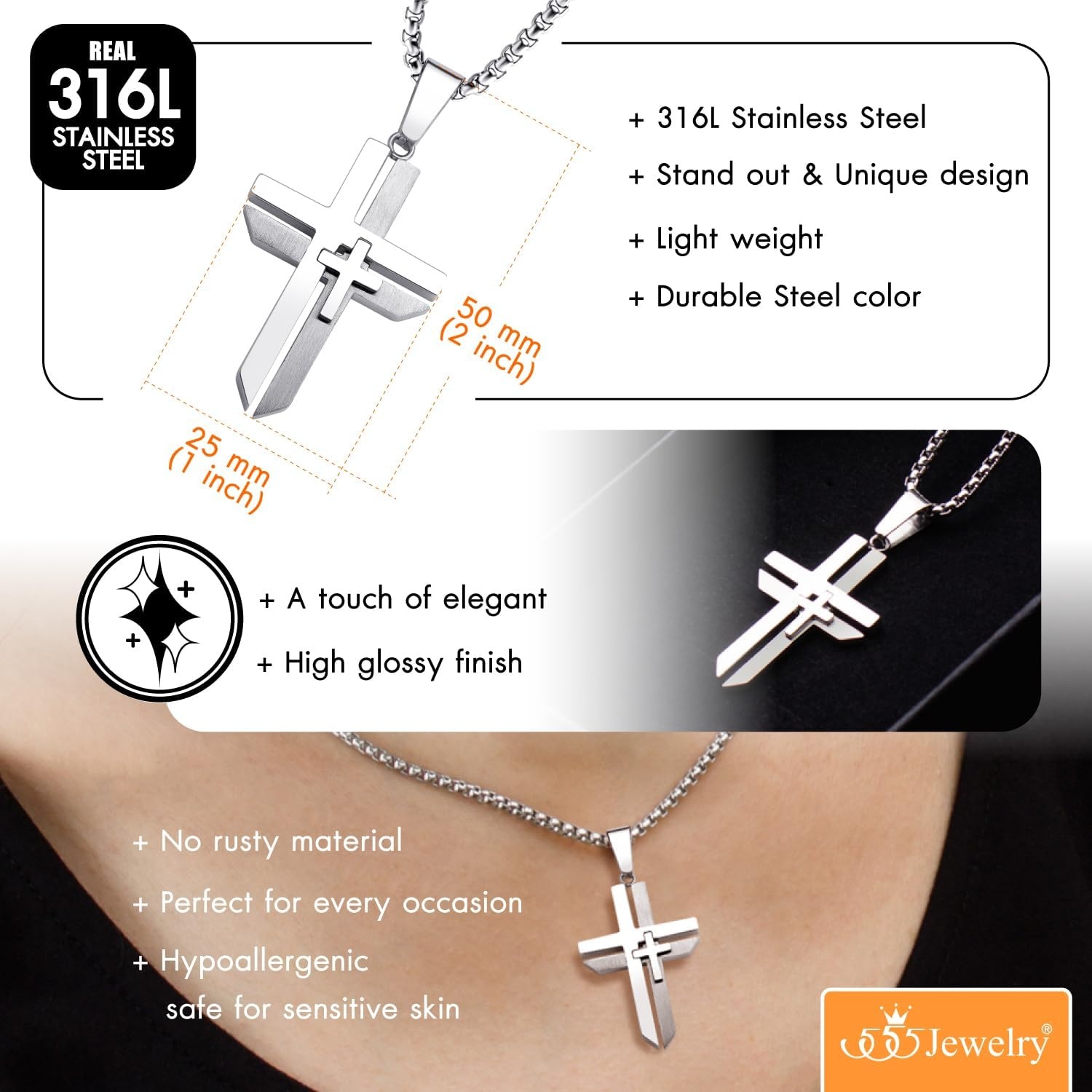 image:image555Jewelry Grooved Unisex Stainless Steel Dual Cross Necklace Pendant 1628 Box ChainSilver
