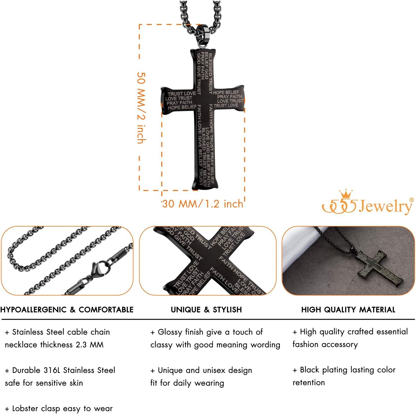 image:image555Jewelry Inspirational Stainless Steel Cross Necklace for Men and Women 1624 ChainBlack