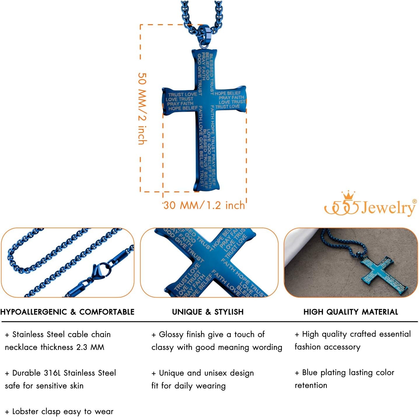 image:image555Jewelry Inspirational Stainless Steel Cross Necklace for Men and Women 1624 ChainBlue