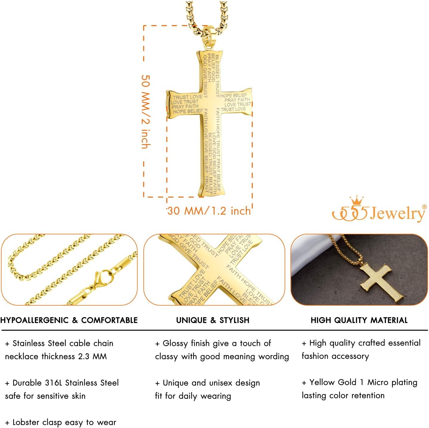 image:image555Jewelry Inspirational Stainless Steel Cross Necklace for Men and Women 1624 ChainGold