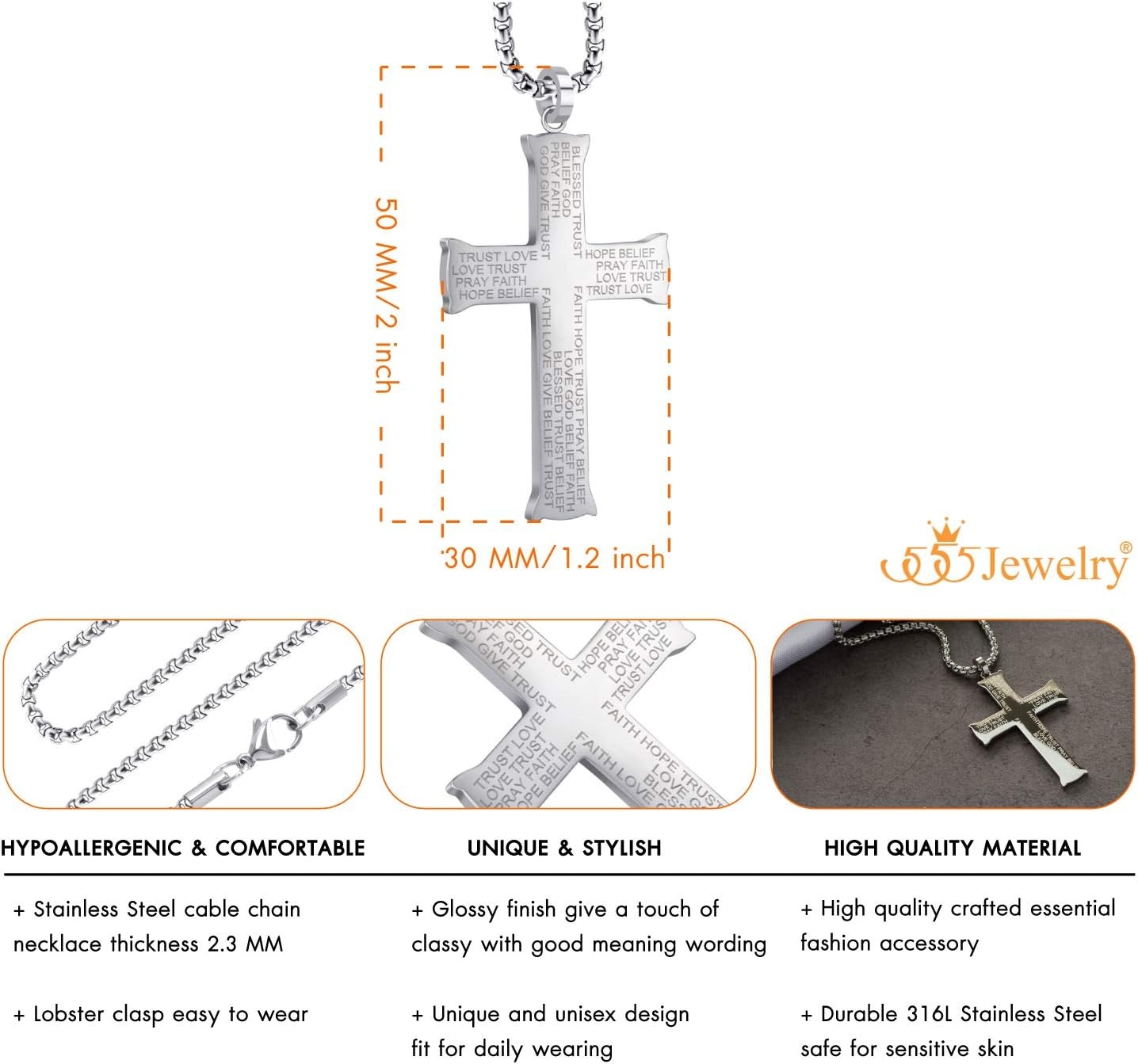 image:image555Jewelry Inspirational Stainless Steel Cross Necklace for Men and Women 1624 ChainSilver