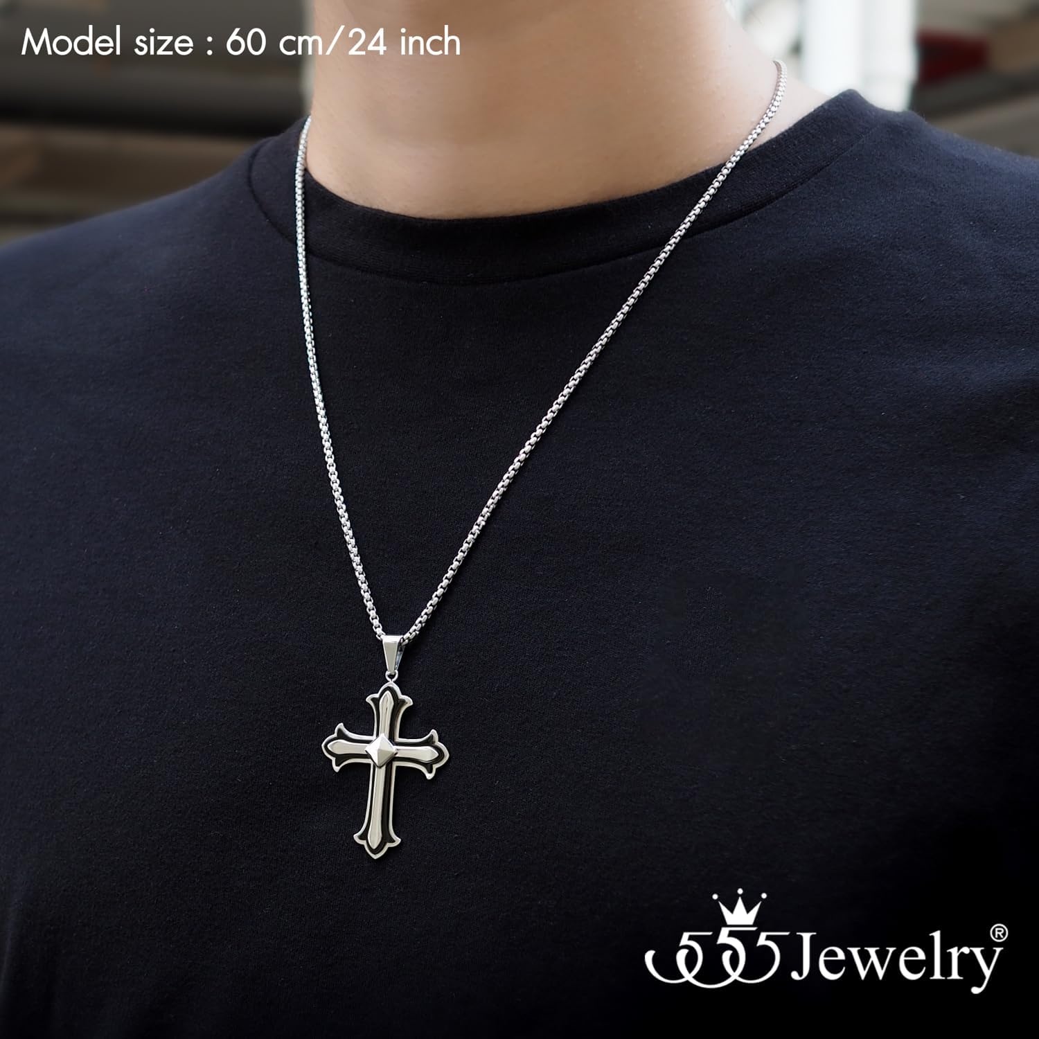 image:image555Jewelry Layered Stainless Steel Cross Necklace for Men and Women 1624 ChainSilver Black