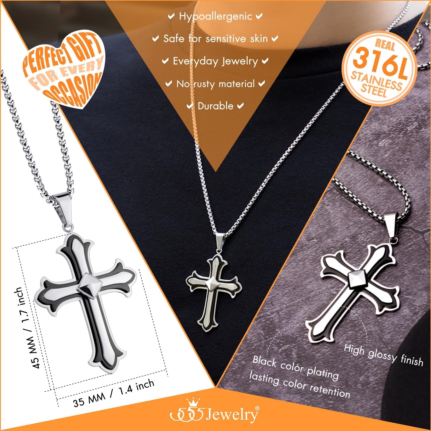 image:image555Jewelry Layered Stainless Steel Cross Necklace for Men and Women 1624 ChainSilver Black