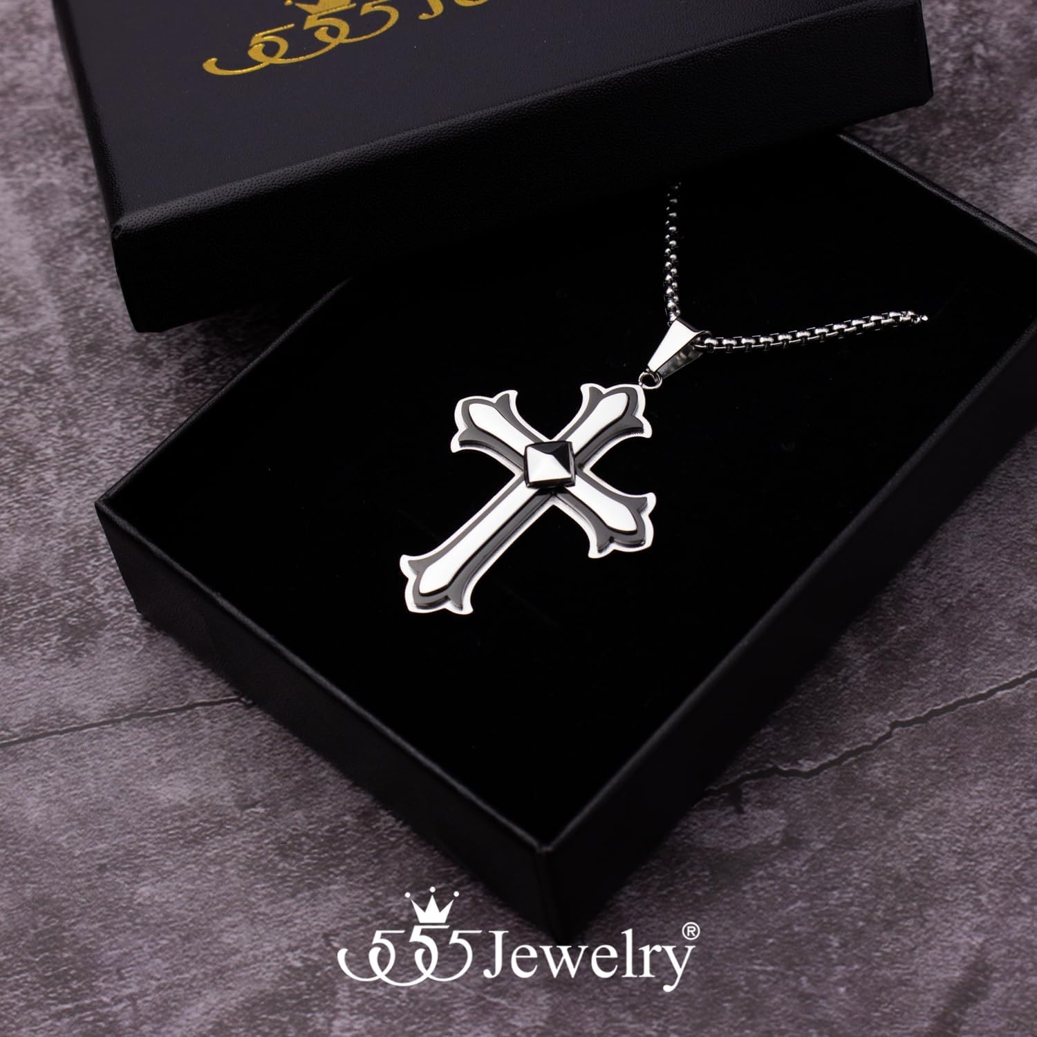 image:image555Jewelry Layered Stainless Steel Cross Necklace for Men and Women 1624 ChainSilver Black
