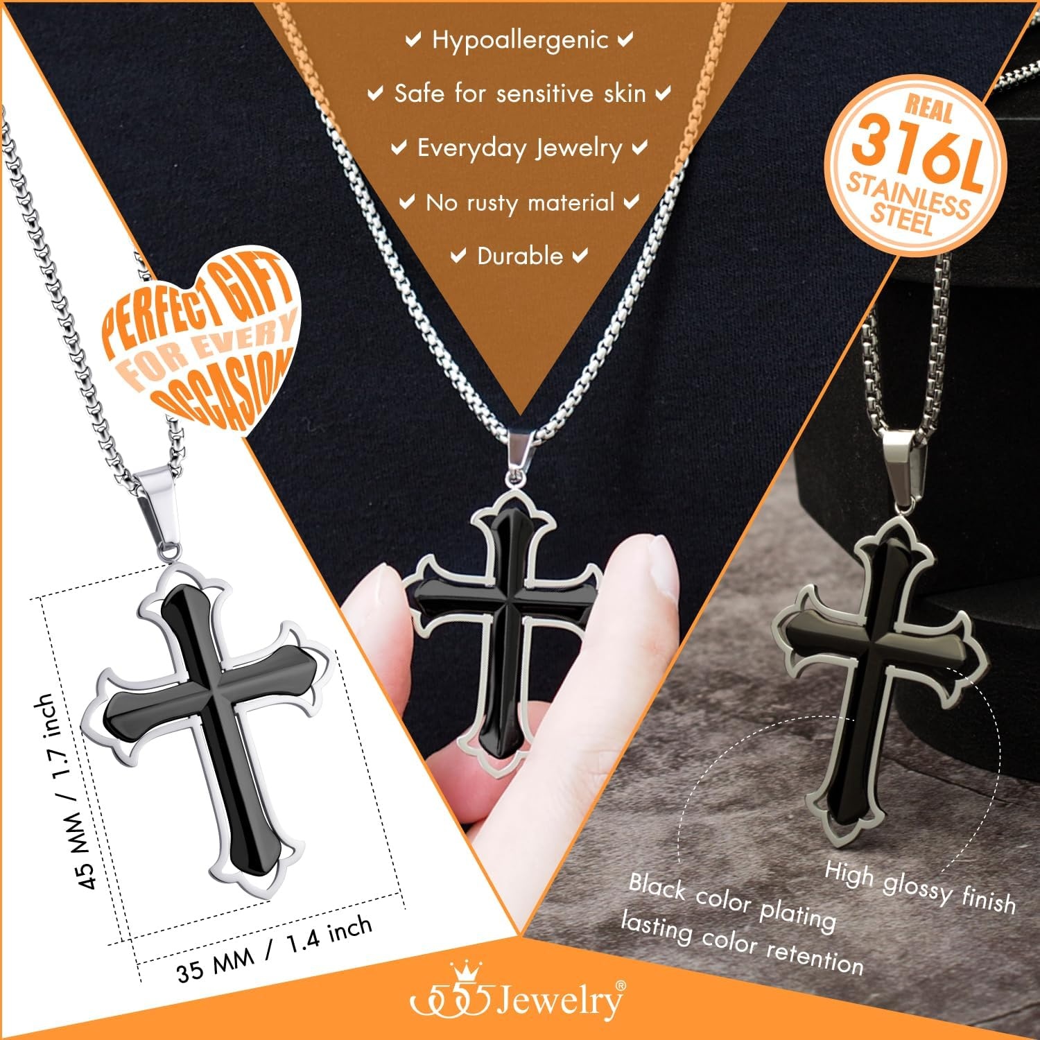 image:image555Jewelry Layered Stainless Steel Cross Necklace for Men and Women 1624 ChainSilver Black Style 2