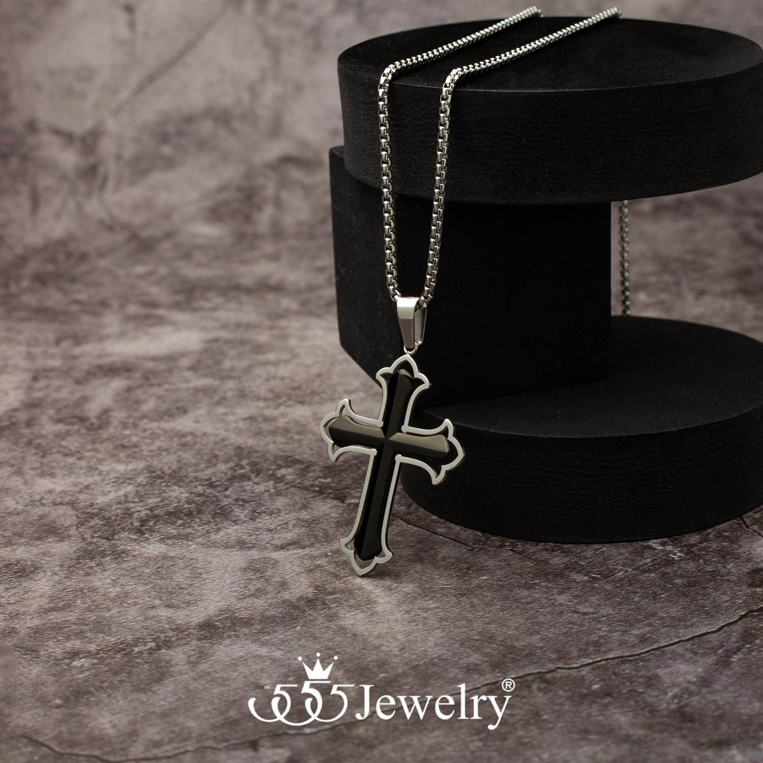image:image555Jewelry Layered Stainless Steel Cross Necklace for Men and Women 1624 ChainSilver Black Style 2