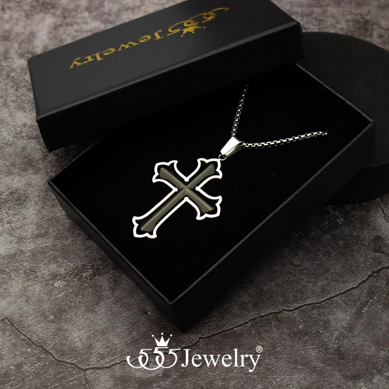 image:image555Jewelry Layered Stainless Steel Cross Necklace for Men and Women 1624 ChainSilver Black Style 2