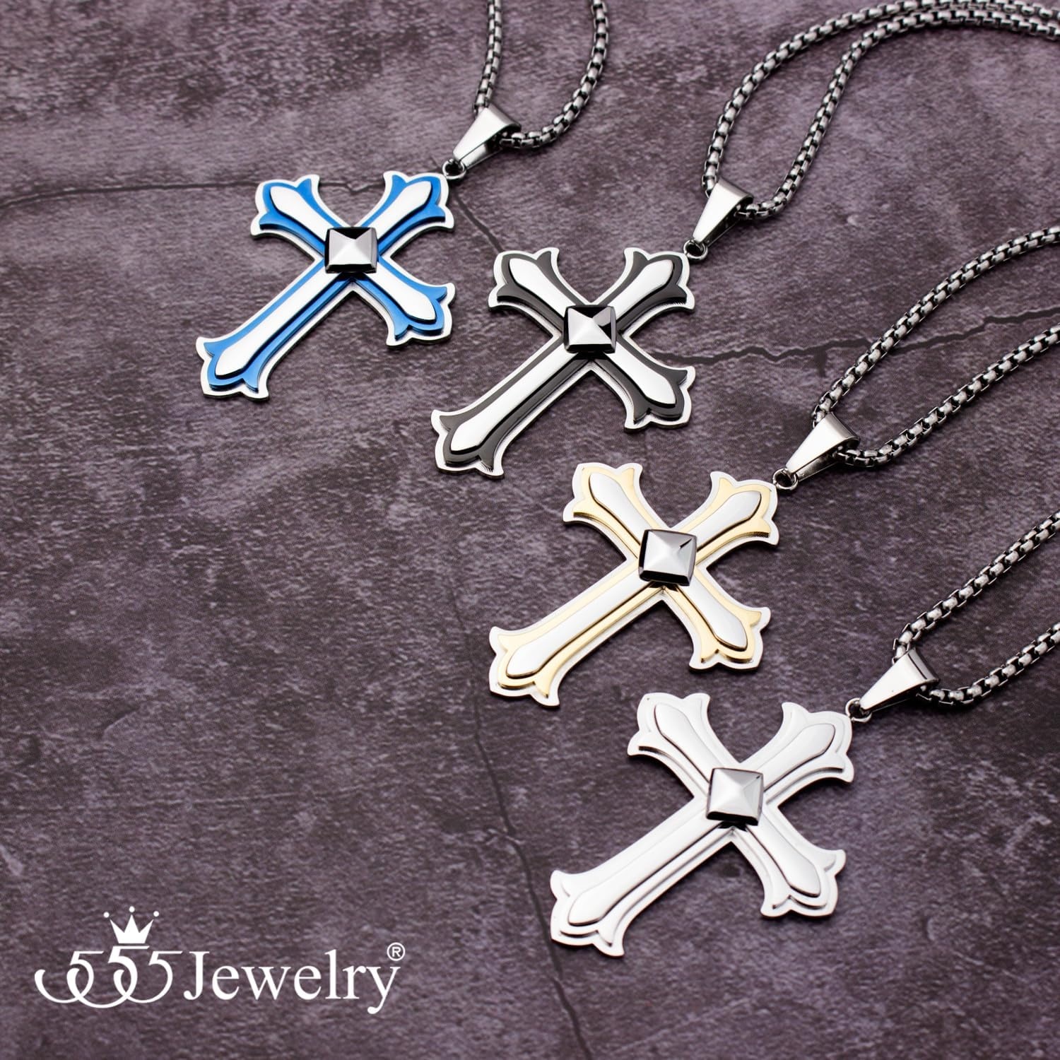 image:image555Jewelry Layered Stainless Steel Cross Necklace for Men and Women 1624 ChainSilver Blue