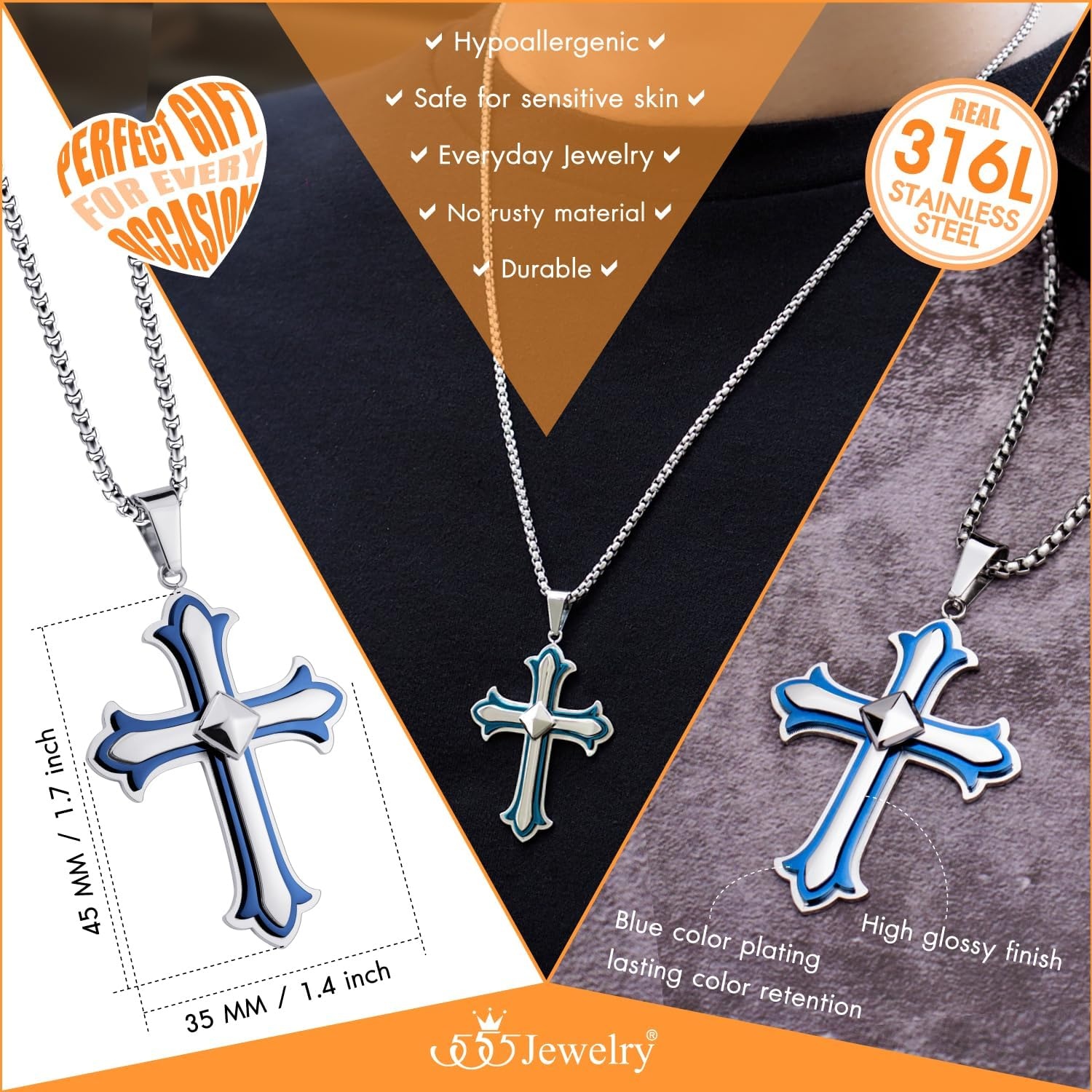image:image555Jewelry Layered Stainless Steel Cross Necklace for Men and Women 1624 ChainSilver Blue