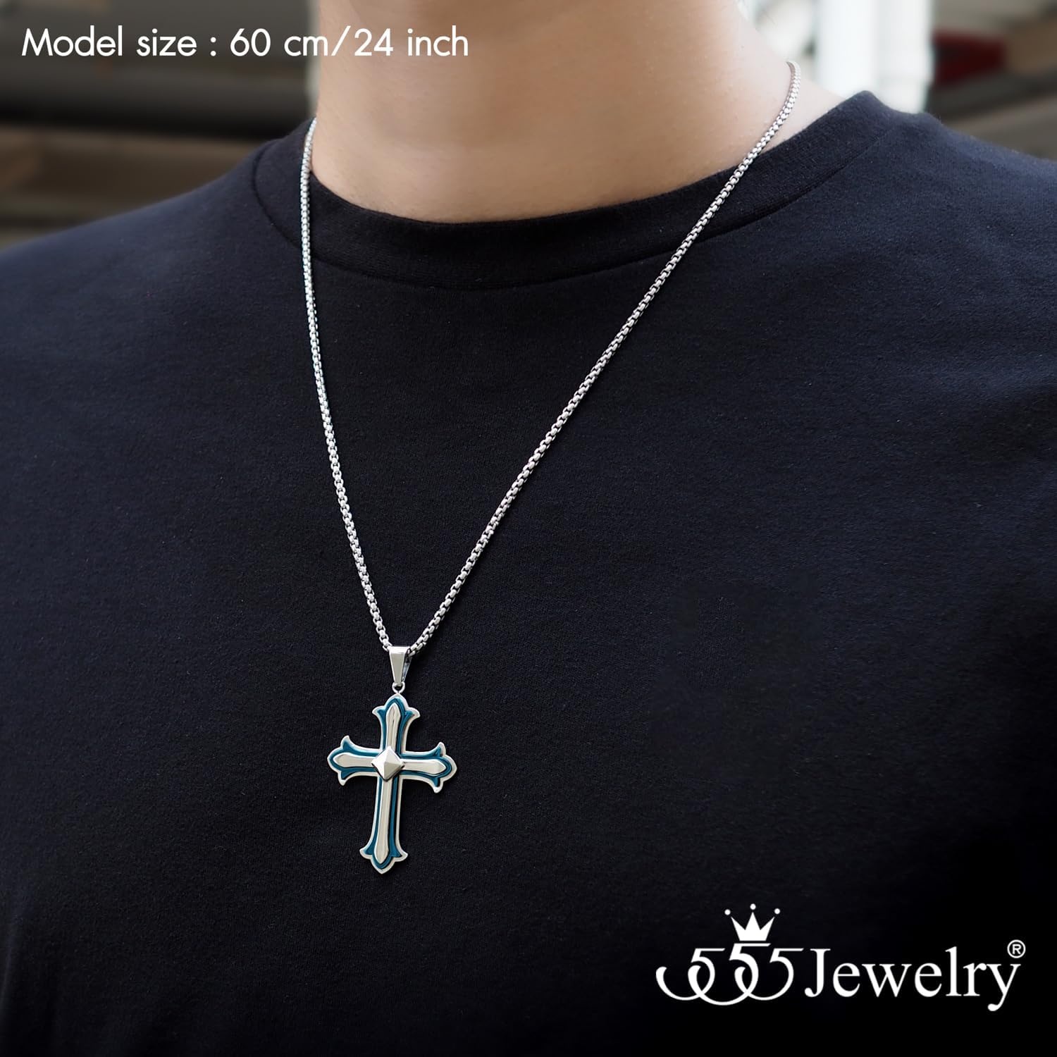 image:image555Jewelry Layered Stainless Steel Cross Necklace for Men and Women 1624 ChainSilver Blue