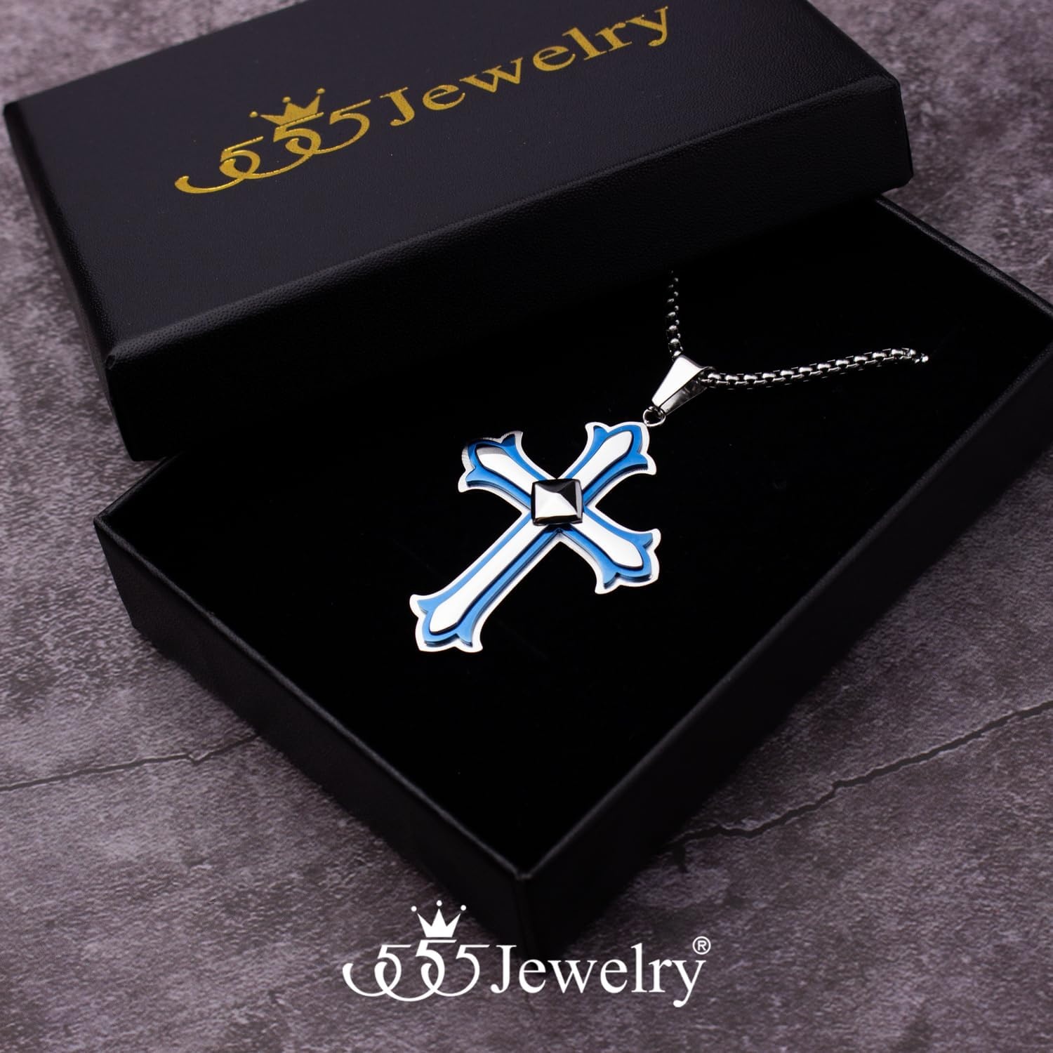 image:image555Jewelry Layered Stainless Steel Cross Necklace for Men and Women 1624 ChainSilver Blue