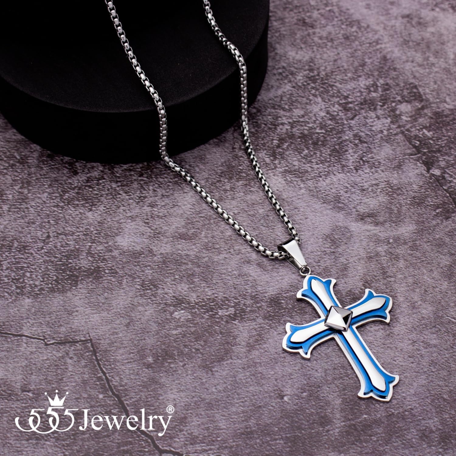 image:image555Jewelry Layered Stainless Steel Cross Necklace for Men and Women 1624 ChainSilver Blue