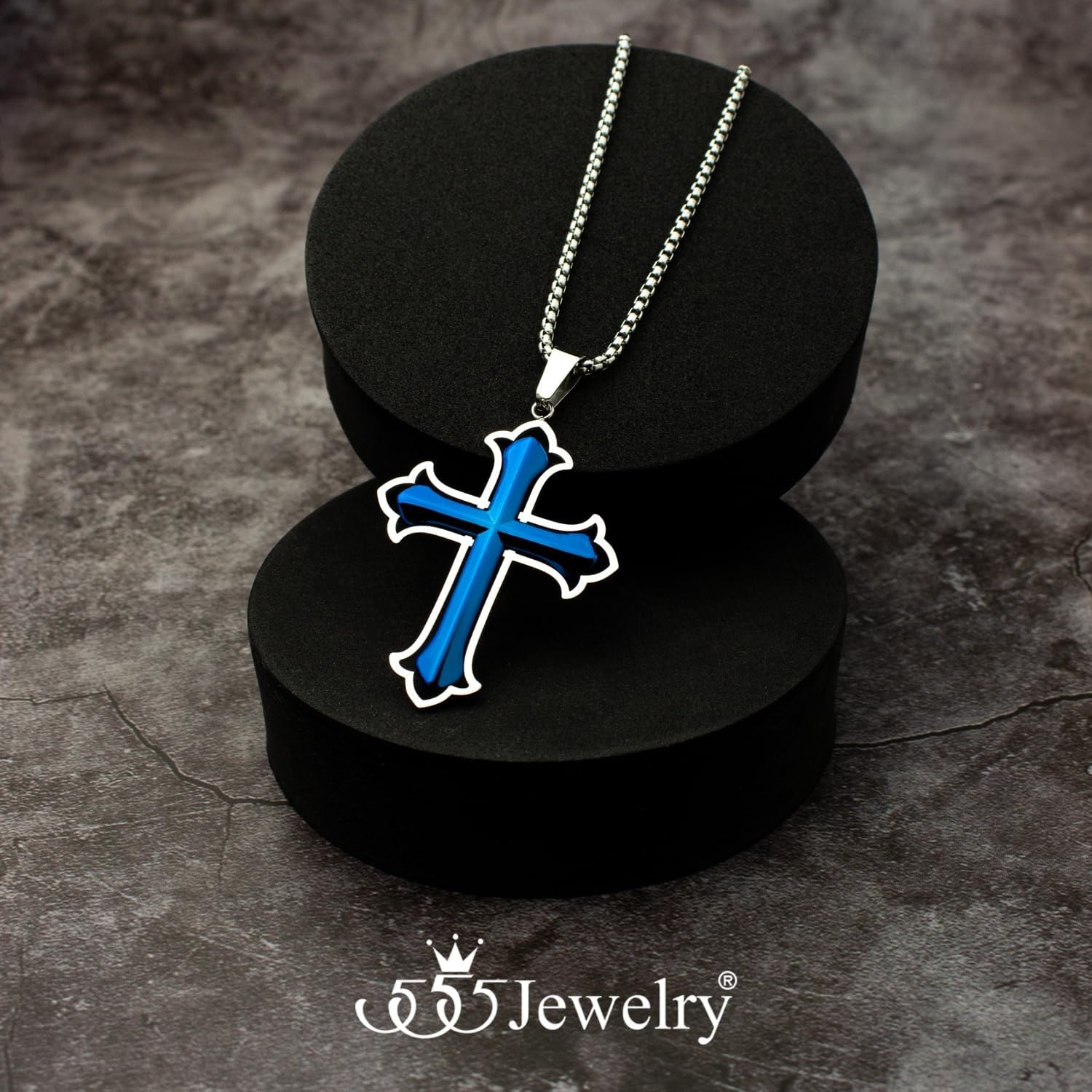 image:image555Jewelry Layered Stainless Steel Cross Necklace for Men and Women 1624 ChainSilver Blue Style 2
