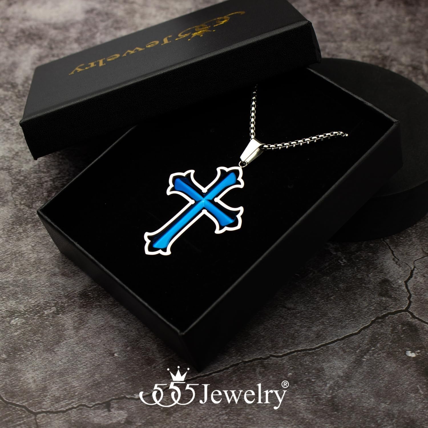 image:image555Jewelry Layered Stainless Steel Cross Necklace for Men and Women 1624 ChainSilver Blue Style 2