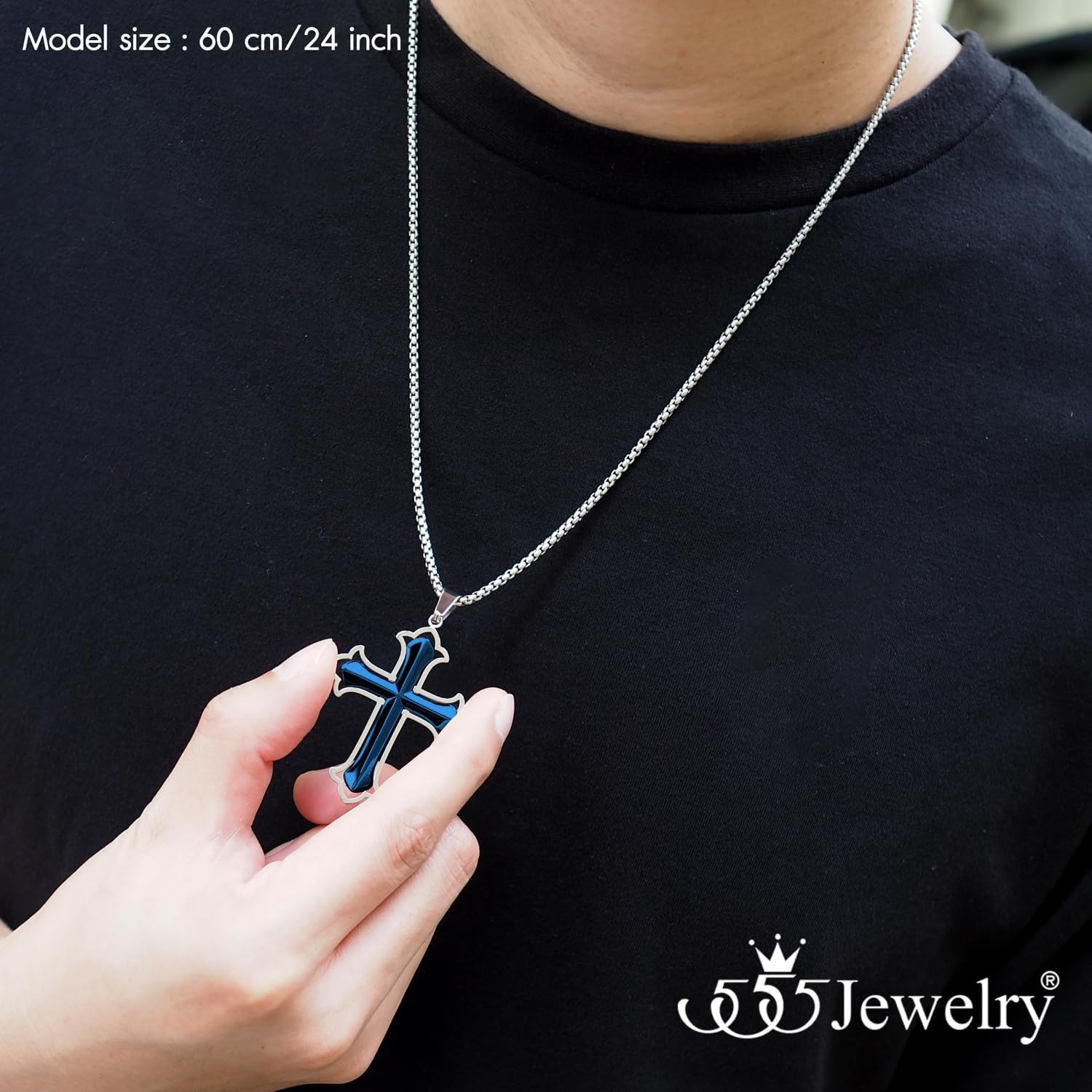 image:image555Jewelry Layered Stainless Steel Cross Necklace for Men and Women 1624 ChainSilver Blue Style 2