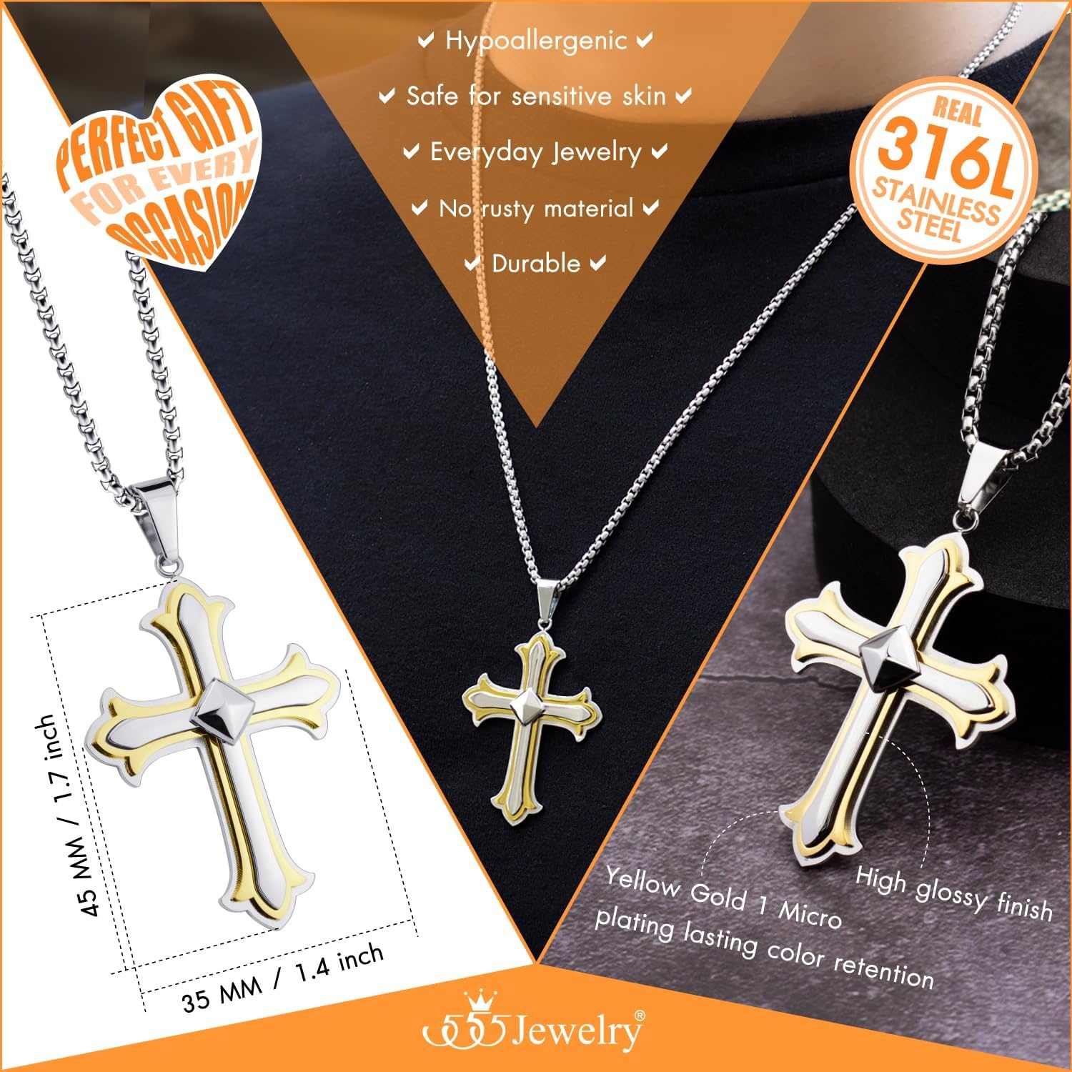 image:image555Jewelry Layered Stainless Steel Cross Necklace for Men and Women 1624 ChainSilver Gold