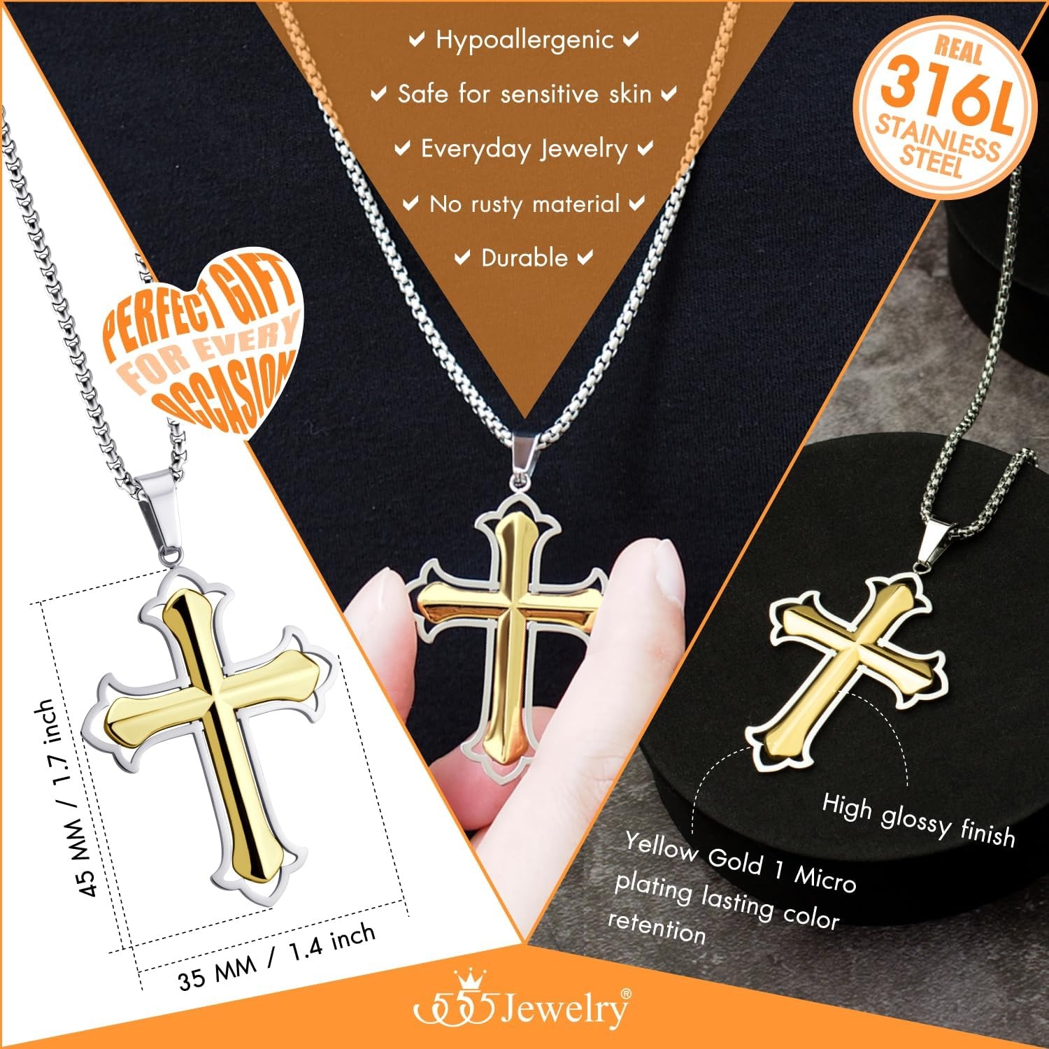 image:image555Jewelry Layered Stainless Steel Cross Necklace for Men and Women 1624 ChainSilver Gold Style 2