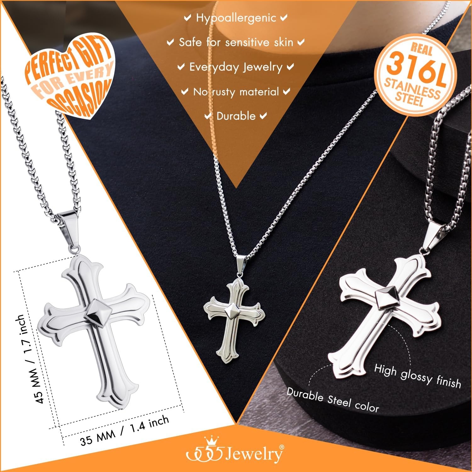 image:image555Jewelry Layered Stainless Steel Cross Necklace for Men and Women 1624 ChainSilver