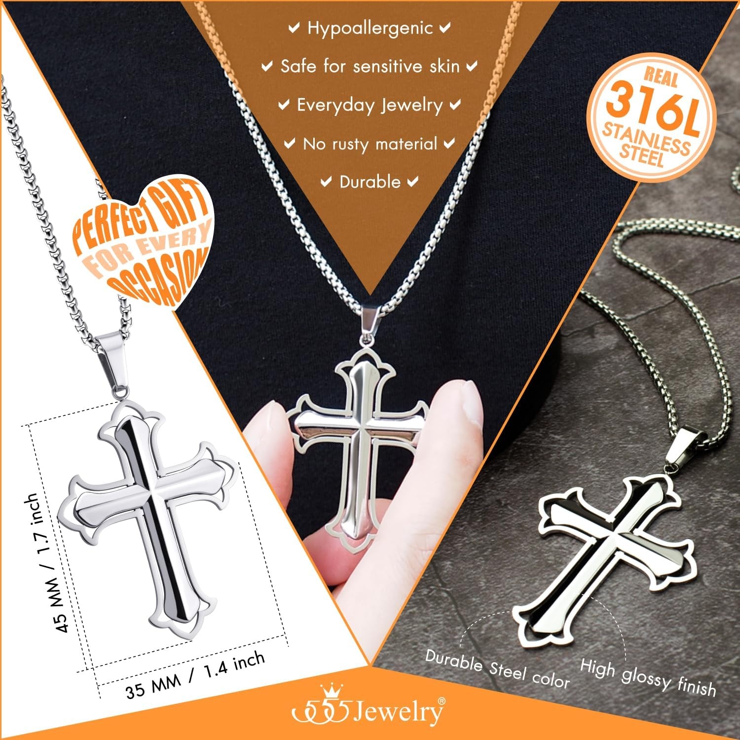 image:image555Jewelry Layered Stainless Steel Cross Necklace for Men and Women 1624 ChainSilver Style 2