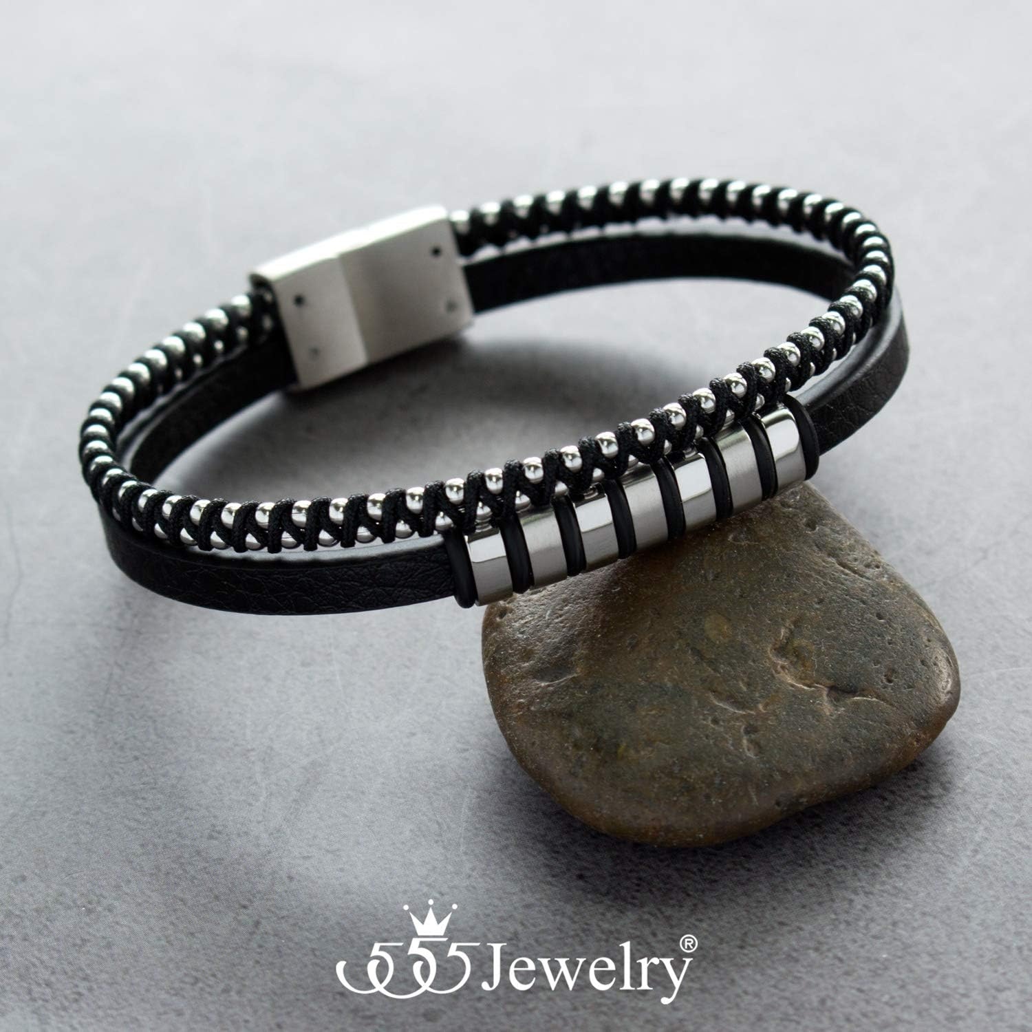 image:image555Jewelry Stainless Steel Beads Double Row Genuine Leather Bracelet for MenSilver
