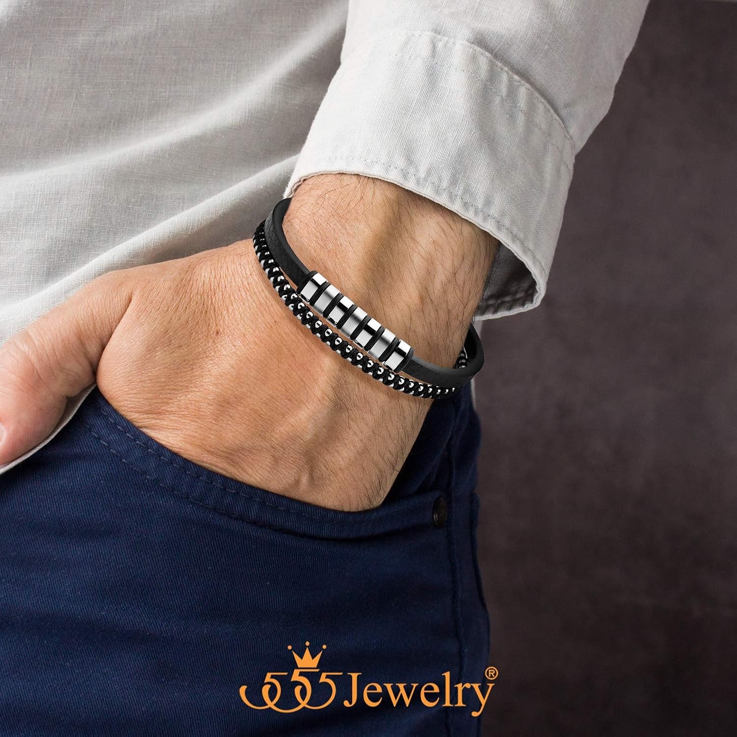 image:image555Jewelry Stainless Steel Beads Double Row Genuine Leather Bracelet for MenSilver