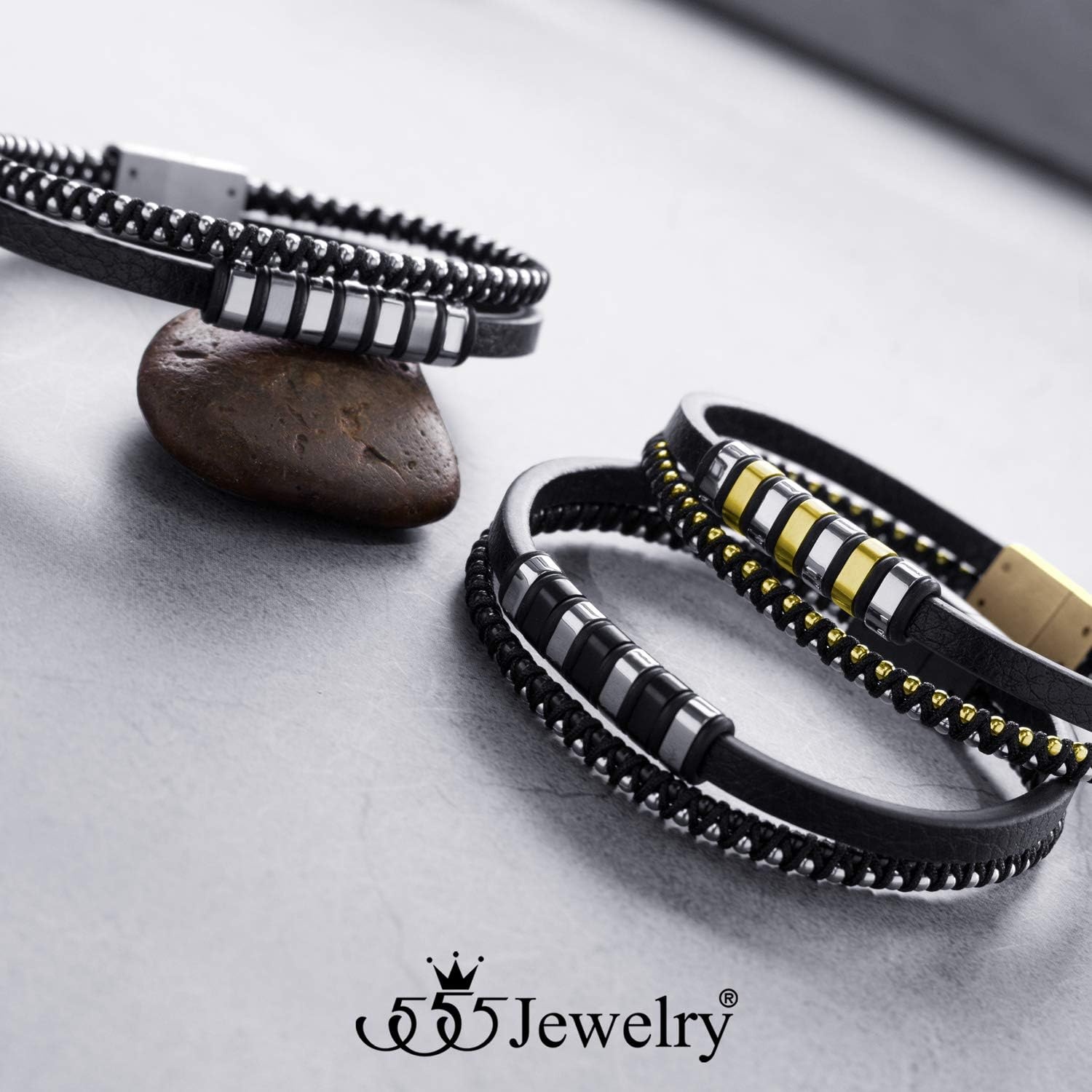image:image555Jewelry Stainless Steel Beads Double Row Genuine Leather Bracelet for MenSilver