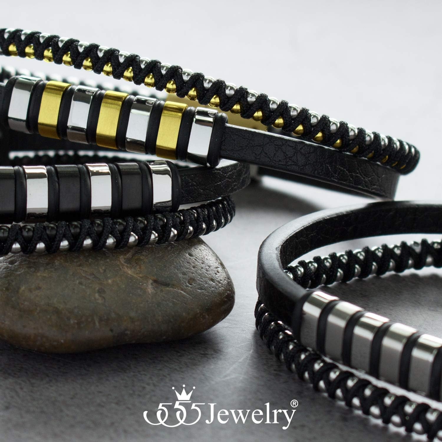 image:image555Jewelry Stainless Steel Beads Double Row Genuine Leather Bracelet for MenSilver