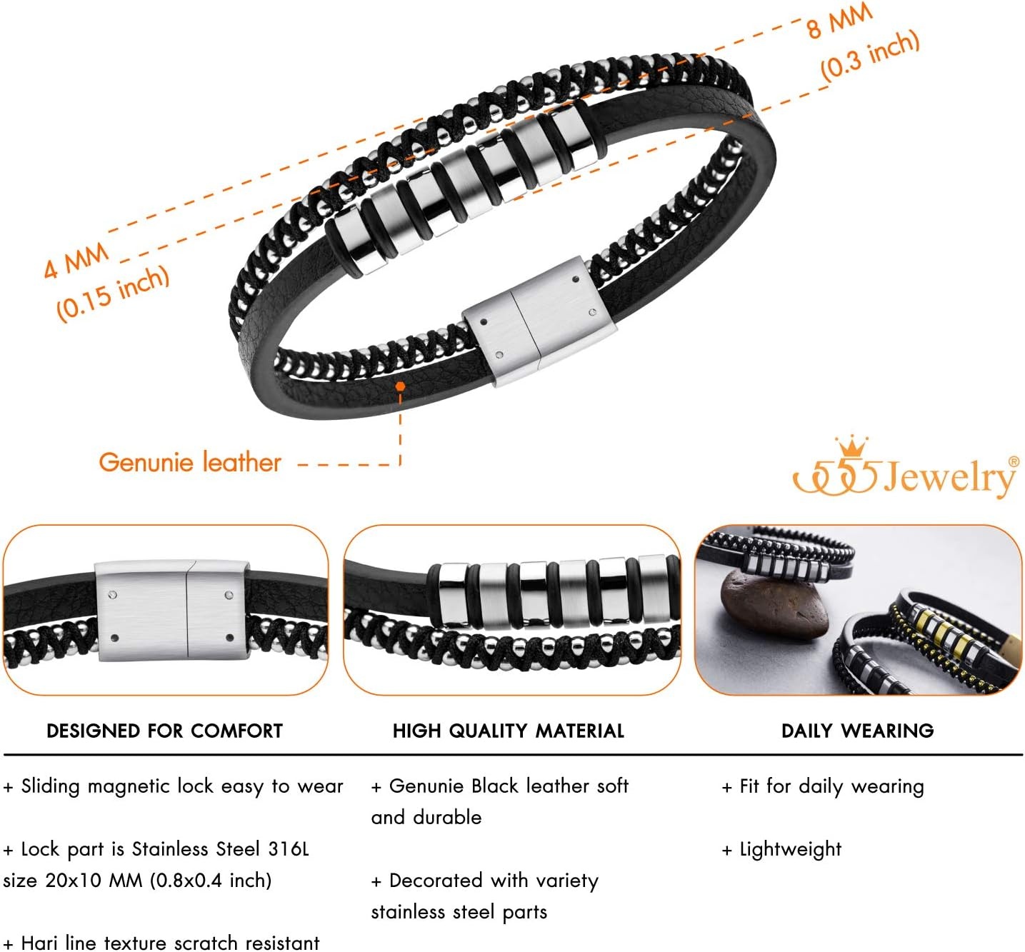 image:image555Jewelry Stainless Steel Beads Double Row Genuine Leather Bracelet for MenSilver