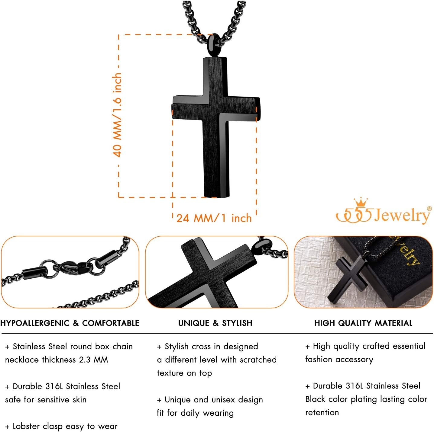 image:image555Jewelry Stainless Steel Box Chain Cross Necklace for Men amp Women 1624 InchBlack