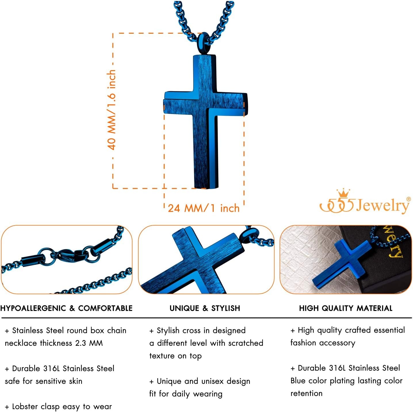 image:image555Jewelry Stainless Steel Box Chain Cross Necklace for Men amp Women 1624 InchBlue